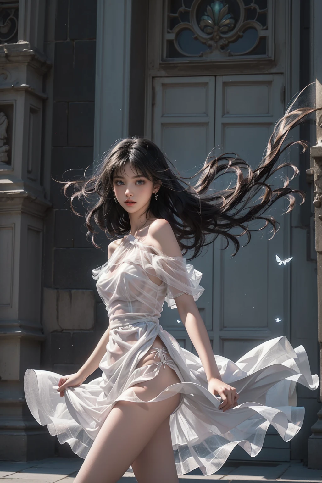 ((Girl standing in front of the wall of an old castle))、Fluorescent color、1 girl、Looking to the side、Beautiful face、Beautiful eyes、(Off the shoulder:1.2)、Upper Body、Shiny Hair、Glowing Skin、 Reduce glare、The proportions of the fingers have been adjusted、Escrow、ass pov、Dynamic Angle、(((Master part)))、(((highest quality)))、(((Super-detailed))) detailed)、(An illustration)、(Detailed light)、(Very delicate and beautiful)、Dramatic_Shadow、Ray_Tracking、reflection、 Ultra-high resolution、((A girl with colorful hair and mesh in her black hair))、 Her hair flutters in the wind、(Large deep blue eyes)、Black Haired Woman、 Sparkling Butterfly、Black-haired woman、Points of light around the woman、Magical Aura、Green dot、Aura About Natural、超Magical AuraBlack-haired woman,((Semi-transparent white open shoulder dress:1.3))、(No sleeve)、((My skirt is flying up in the wind)),((An old European castle is hazy in the distance)),((White panties are visible)),