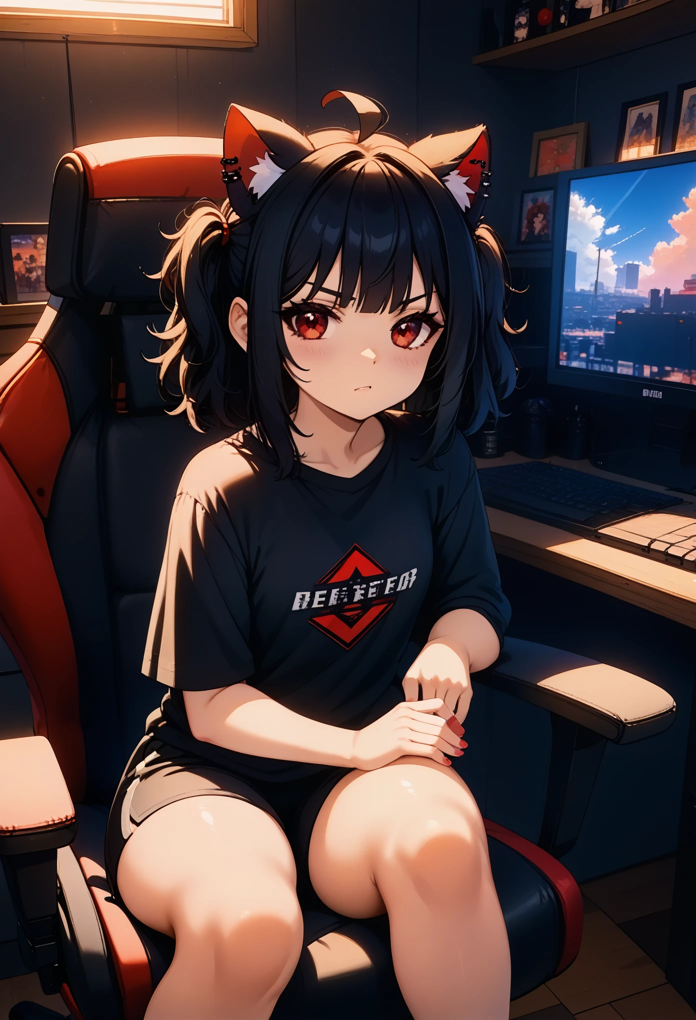 ((junkotvvxl, cabello negro, ojos rojos, orejas de gato, Adult, Female, Black hair, red eyes)), goth girl, gothic aesthetic, goth clothing, goth make up, thick thighs, medium chest, annoyed, disgruntled, sitting in gaming chair, gt racing chair, bedroom, gothic bedroom, aesthetic bedroom, Masterpiece, Accurate, Anatomically Correct, Best Quality, High Details, Detail, Super Detailed, Best detail, Perfect detail, Amazing detail, [-3, 3], perfect hands, best hands, best fingers, perfect fingers, perfect body, best body, amazing body, Looking at viewer, front facing, upper body shot, orejas de gato,(((neko ears))), (chica neko), cute neko ears, messy hair,(flequillo), (coletas), (cabello largo),(((orejas de gato)))