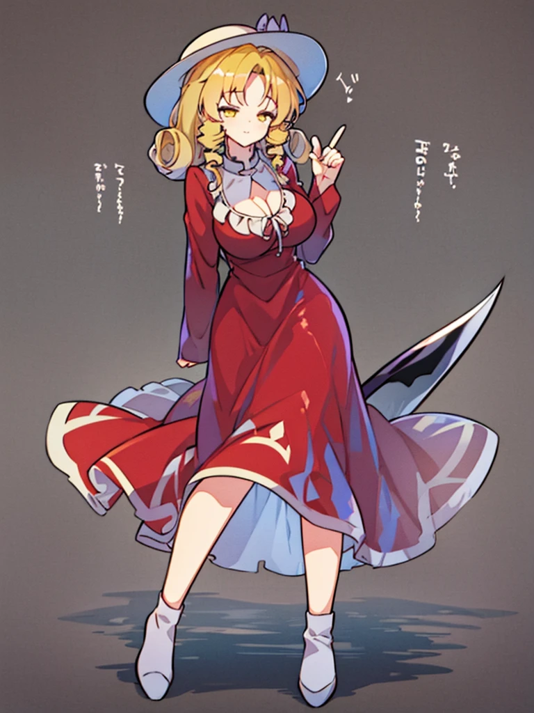 a drawing of an anime character in a red dress and boots with a large scythe, ((high end)), (UHD picture), (best quality,4k,8k,highres,masterpiece:1.2), top-quality(masterpiece), top-quality, ultra-detailed, highly detailed texture, intricate details, high quality textures, masterpiece, best quality, perfect quality, perfect anatomy, perfect body, perfect symmetrical face, 1 beautiful girl, 1 girl, alone, solo, , , (((loli))), ((cish)), hat, white hat, blonde hair, long hair, parted bangs, drill hair, well-formed face, yellow eyes, maxi dress, red dress, dress, long sleeves, frills, long skirt, simple background, scythe, holding scythe, holding, white socks, smile, cute face, beautiful, holding scythe, from behind, to lift up one’s skirt, cowboy shot, from front, standing , raise one leg, crossed arms, arms up behind, arms behind back, hand between legs, put hands hip, one hand on hip, forward hands, arms raised in the air, punch hands, peace sign, waving, put up index finger, sit, lie down, closed eyes, lie face down, looking back, put one hand chest, leaning forward, cleavage, close up, horizontally outstretched arms, horizontally outstretched legs, front view, front face, huge breasts for short stature, cleavage is clearly visible ,G-Cup, heart hands