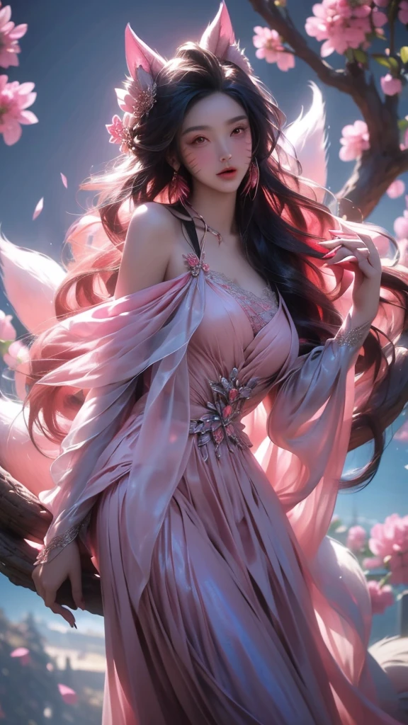 best quality,masterpiece,Ultra-high resolution,(truthfully:1.4),,The sky is full of peonies(background),20-year-old Peony Fairy(oriental woman),Pink shawl long hair,Cute eyes,Sexy body,Wearing a peony lace skirt,Half-reclining man reading and drinking among peonies.