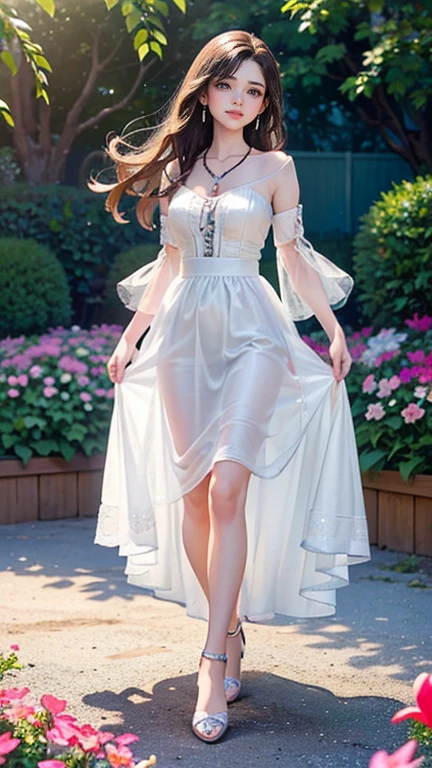 (Highest quality、 8k 、masterpiece、High resolution)、Young lovely woman、Ample breasts、Smooth and unnoticeable collarbone、Slender beauty、(Brown hair medium、My hair is blowing in the wind、Flows backwards)、Full Body Shot、 (Beautiful Face,Beautiful Eyes,Beautiful nose,Pretty lips)、(Stephanie hoove earrings、silver heart necklace)、((Black tops、White and monochrome dot long skirt(Ankle length))、Her mouth opens slightly and a smile appears.、Pause、Outdoor、(A Western-style garden filled with blooming flowers)、Colorful flowers、Vibrant colors、The red stands out、looking at the camera、Professional Lighting、Professional photographer、Detailed CG、