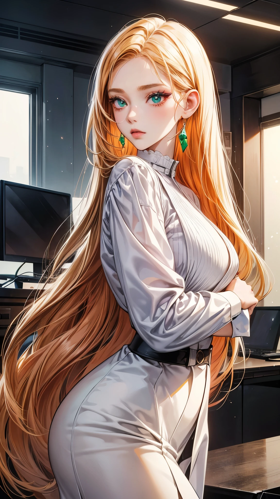 One beautiful office woman,
Very long hairstyle 、ginger hair , emerald eyes, beautiful eyes, detailed eyes ,
Two-tone hair colors,small face、anime makeup、"A girl with a cute and androgynous face"、white skin、cute eyes、thin eyebrows、tall、stylish black luxury fashion、stylish outfits 、、25 years old、British girl、Has a languid look、anger、Lower the corners of your mouth with no expression on your face、Photographed from the side diagonally、model photoshoot、masterpiece、highest quality、high resolution、office、glaring expression、korean makeup 、Cool photos、Various poses、rich ,, sexy.,large curves, big breasts, plump body. 