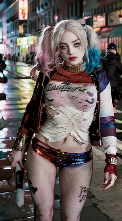 young harley quinn, neckline, diaphragm, white babydoll with garter belt, She will be wearing high white panties that reach her buttocks and are very tight., fat legs , very giant breasts, short blonde hair tied up and forming two tails, will be standing on the street and watched by many people