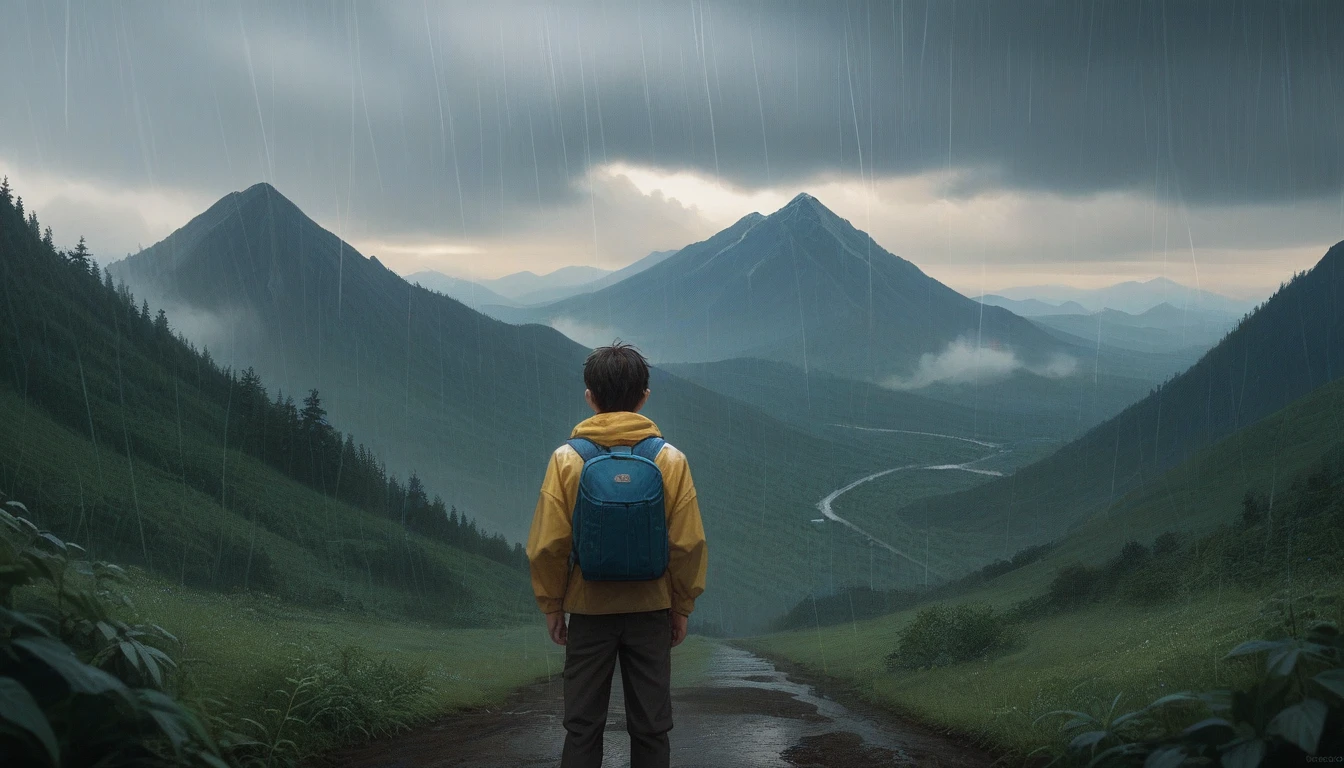 A person with a large blue backpack and a yellow jacket.Stands in a mountainous area under the rain.The person behind the camera is facing the mountain.The scene is surrounded by lush vegetation, adding cloudy and dramatic sky to the image space.The mountains of the skyrocketing are partly covered by dust and rain in the background, creating an adventure and exploration.realistic.Rain.Dark.Adventure.Cloudy.Light light