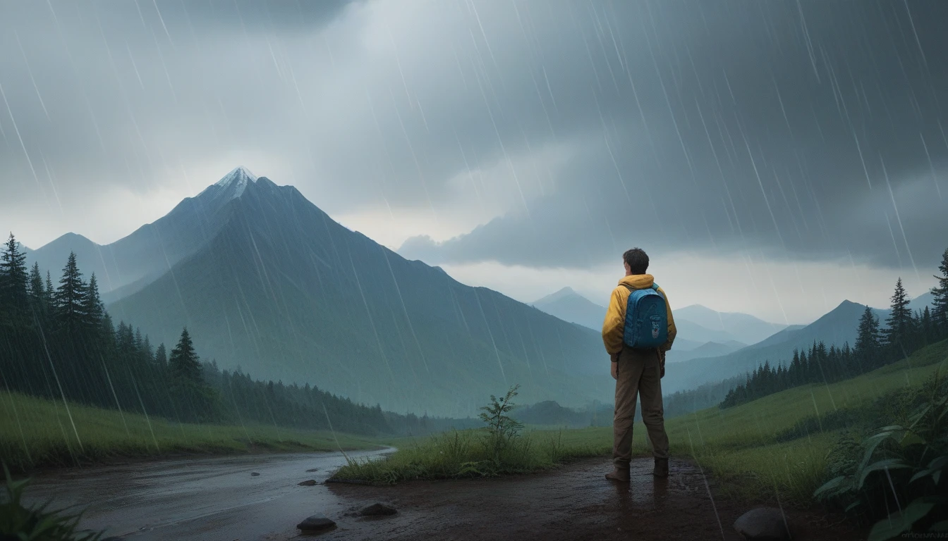A person with a large blue backpack and a yellow jacket.Stands in a mountainous area under the rain.The person behind the camera is facing the mountain.The scene is surrounded by lush vegetation, adding cloudy and dramatic sky to the image space.The mountains of the skyrocketing are partly covered by dust and rain in the background, creating an adventure and exploration.realistic.Rain.Dark.Adventure.Cloudy.Light light