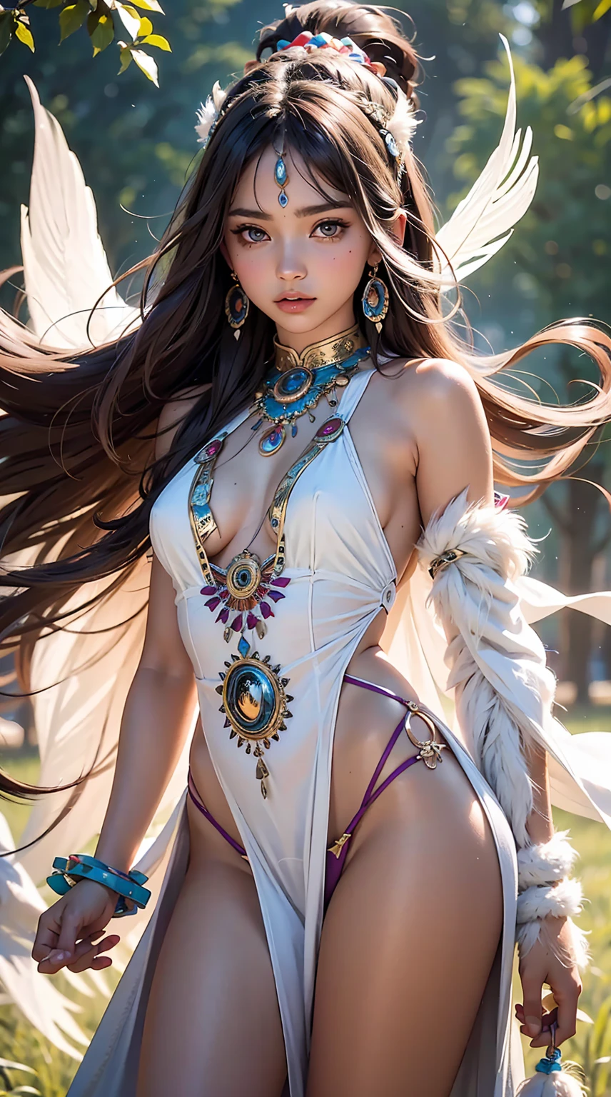 Beautiful Native American princess, Miss,Very small revealing dress made of feathers, magic, Tempting, hot and humid, full length, Miss-body, Hazel eyes, bright, , Overall details. Beautiful blurred background, Perfect face and eyes, Ultra-fine and ultra-maximized dynamics