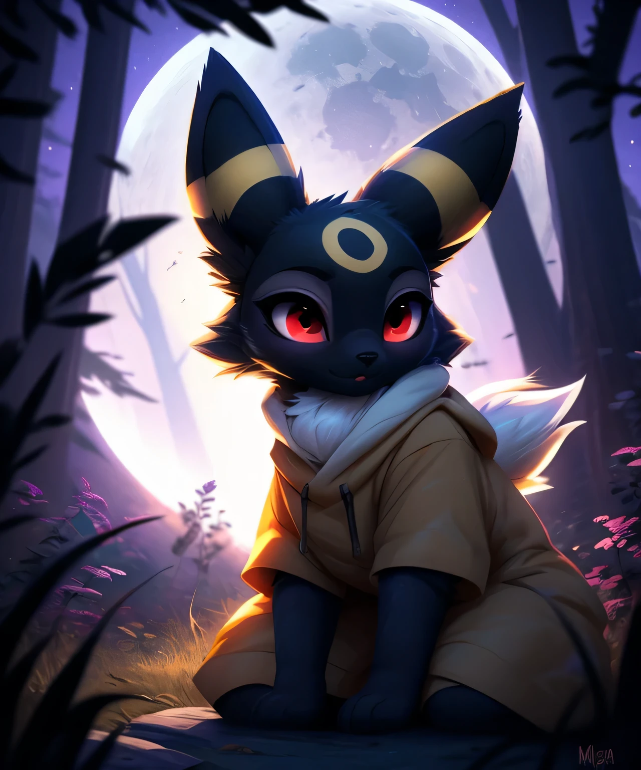 score_9, score_8_up, score_7_up, source_furry, rating_safe, by magnaluna,, 1girl,anthro, umbreon, black body fur, gold markings, pokemon, red eyes, fluffy fur, at night, moonlight, forest, detailed background, best quality, clothing