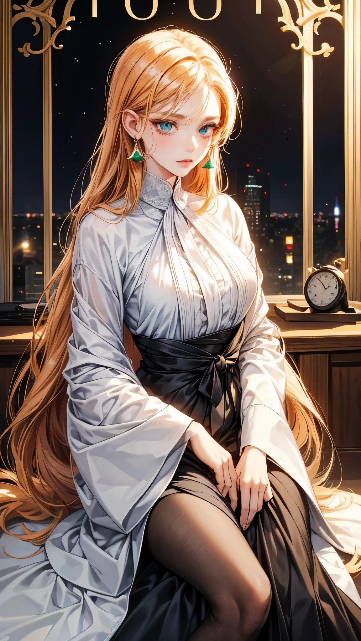 One beautiful office woman,
long hairstyle 、ginger hair , emerald eyes, beautiful eyes, detailed eyes ,
Two-tone hair colors,small face、anime makeup、"A girl with a cute and androgynous face"、white skin、cute eyes、Very thin eyebrows、tall、stylish black luxury fashion、stylish outfits 、、25 years old、British girl、Has a languid look、anger、Lower the corners of your mouth with no expression on your face、Photographed from the side diagonally、model photoshoot、masterpiece、highest quality、high resolution、luxurious 、glaring expression、korean makeup 、Cool photos、Various poses、rich ,, sexy.,large curves, big breasts, plump body. 