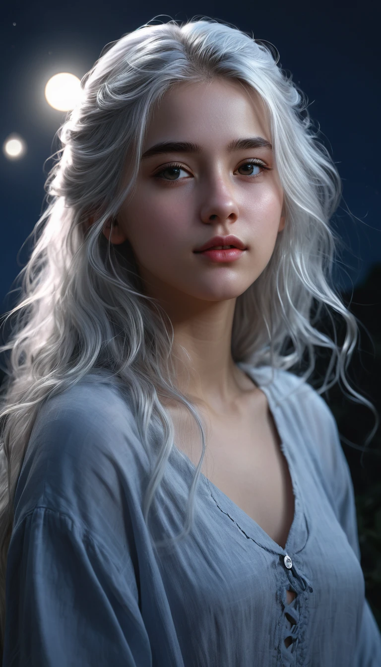 a beautiful silver-haired girl, 19 years old, long wild hair, moonlight, highly detailed, digital painting, concept art, cinematic lighting, dramatic, photorealistic, 8k, masterpiece
