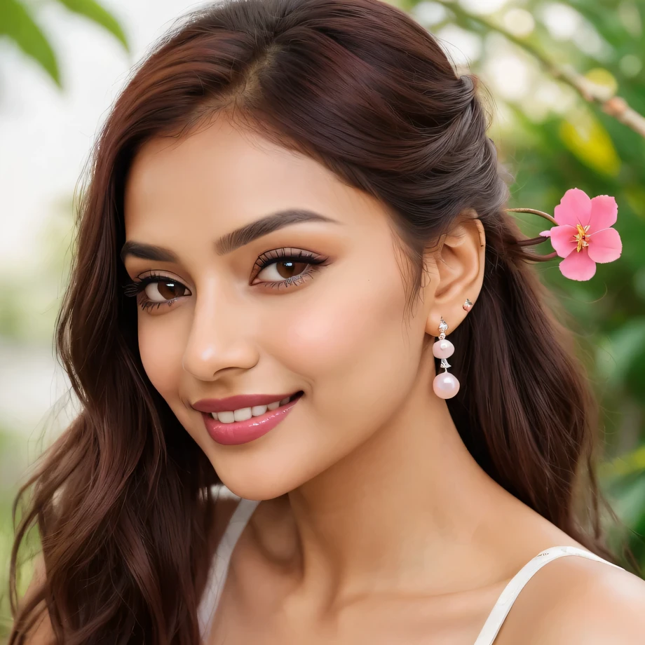 Create an ultra-realistic image of a modern, attractive female influencer of Indian descent, aged between 27 to 30. She should have a warm and inviting smile, expressive almond-shaped eyes with a slight shimmer, and clear, glowing skin with a medium brown complexion. Her features should be well-defined, with high cheekbones and a sharp jawline. She has a slender yet athletic build, with noticeably larger bust size is " gigantic breasts (plump: 1.3)" 

Her hair is a deep, reddish-purple hue that’s bold yet sophisticated, styled in a classic chignon with delicate pearl hairpins. "A close-up portrait of a woman with long brown hair, tilting her head back with a serene and joyful expression. She is wearing ornate earrings and holding a small pink flower. The background is blurred with lush greenery, giving a vibrant and natural feel. The woman is dressed in a bright yellow floral outfit, and the lighting is soft and natural, emphasizing her radiant smile and peaceful demeanor."