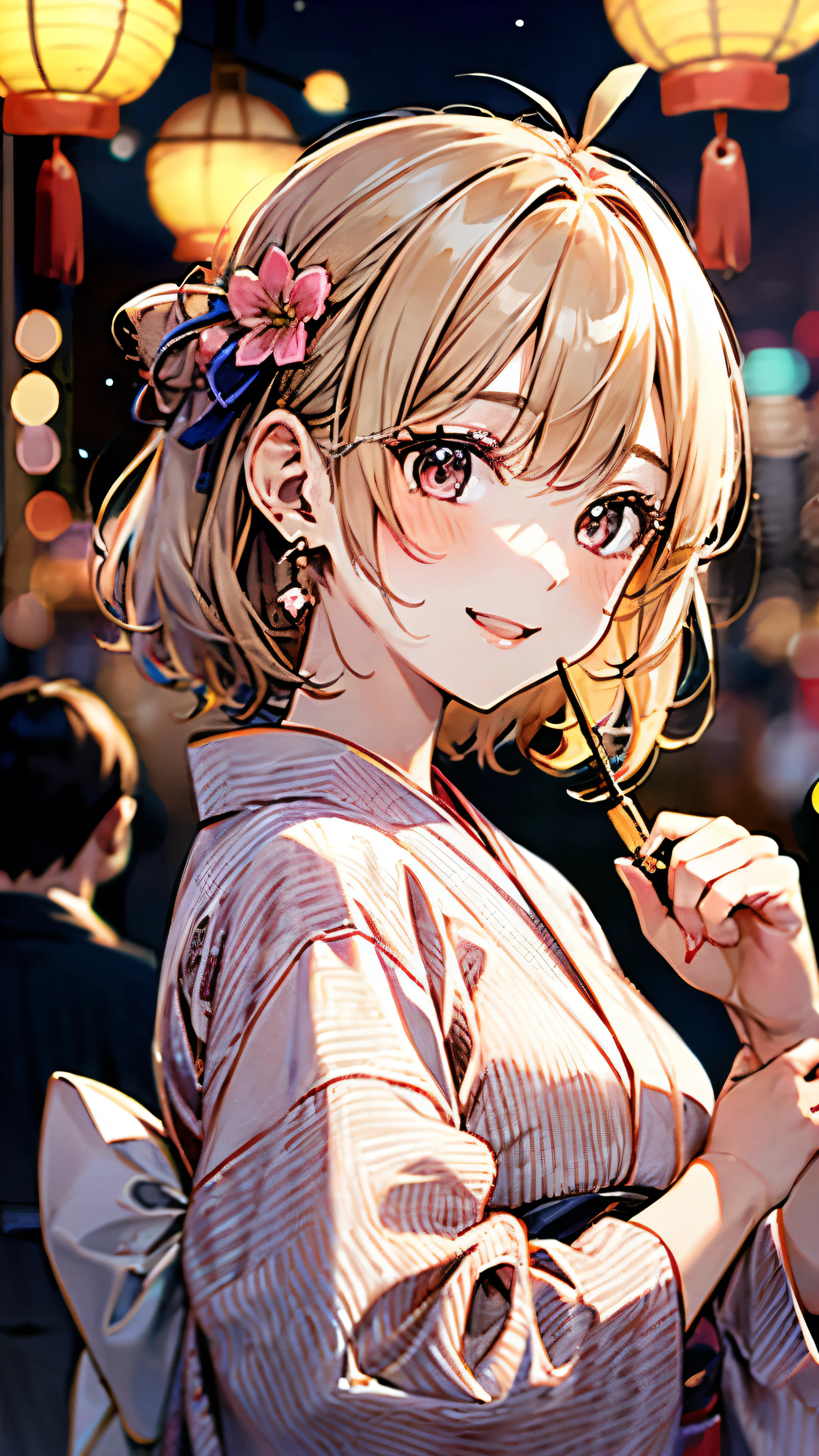 A vibrant summer festival night。A girl wearing a bright pink and orange floral yukata、It stands out among the colorful food stalls and glowing lanterns.。Her hair is、A simple updo with sparkly hair accessories。She enjoys festival activities such as target practice and goldfish scooping.、Her bright smile and laughter brighten up the place.。Fireworks burst into the night sky、Illuminating her sparkling yukata and joyful expression、Capturing a moment of pure charm and beauty、Blonde Hair