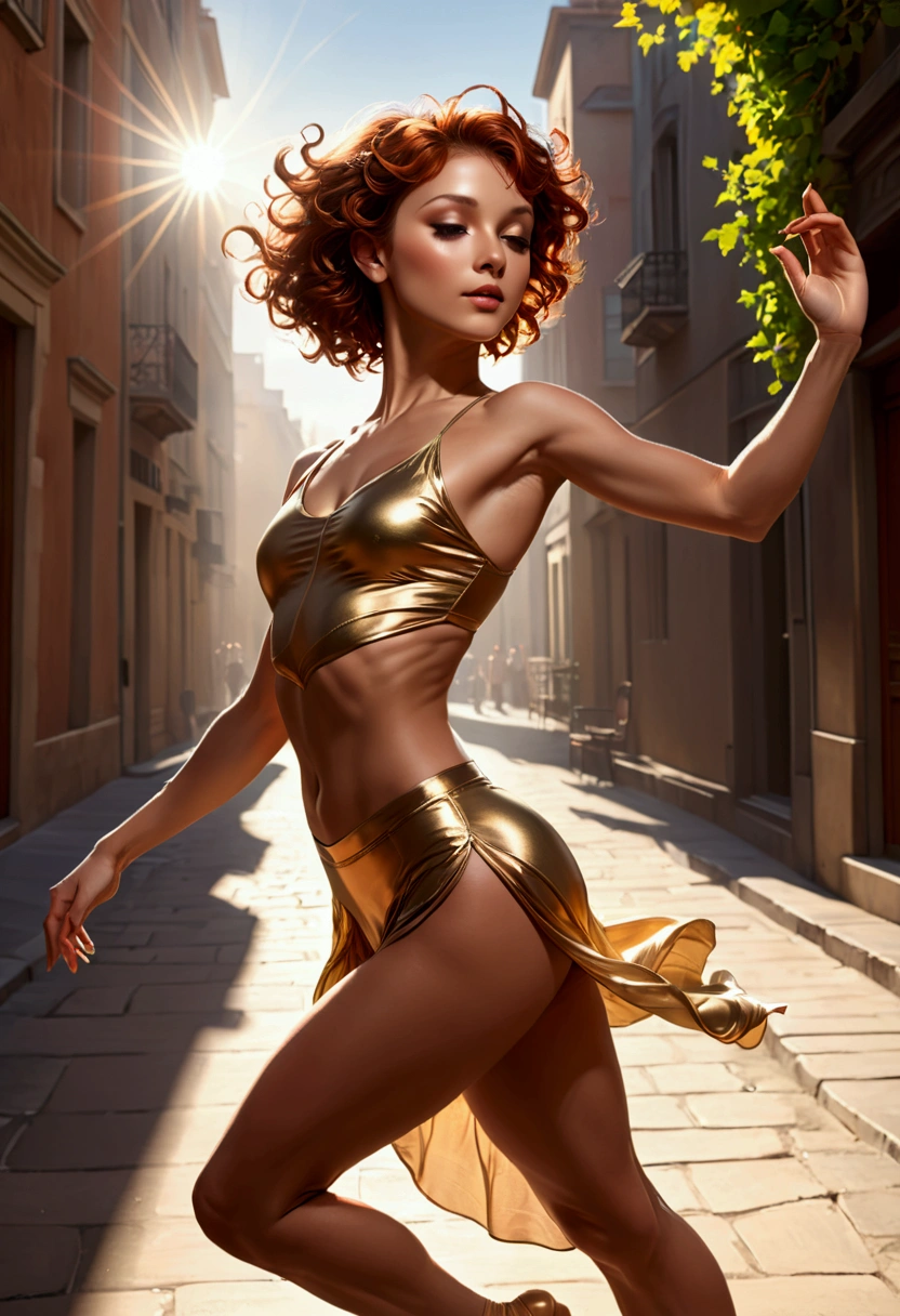 ((Inspired by André Masson))，Sunlight, (1 Dancer:1.3)，Delicate skin, Charming pose, (Chiseled abdominal muscles: 1.1), (Perfect body: 1.1), (Short Wavy Hair: 1.2), Auburn hair, Floating clothes, full-body shot, street, (Extremely detailed CG 8k wallpaper), (Extremely refined), (masterpiece), (best quality: 1.0), Realistic shadows, [high resolution], 