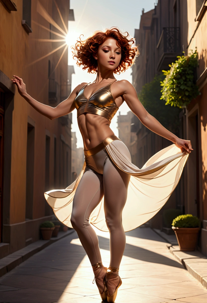 ((Inspired by André Masson))，Sunlight, (1 Dancer:1.3)，Delicate skin, Charming pose, (Chiseled abdominal muscles: 1.1), (Perfect body: 1.1), (Short Wavy Hair: 1.2), Auburn hair, Floating clothes, full-body shot, street, (Extremely detailed CG 8k wallpaper), (Extremely refined), (masterpiece), (best quality: 1.0), Realistic shadows, [high resolution], 