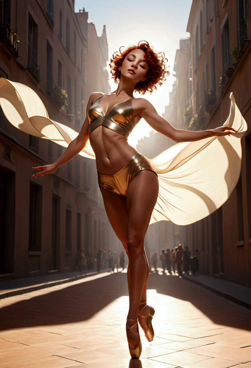 ((Inspired by André Masson))，Sunlight, (1 Dancer:1.3)，Delicate skin, Charming pose, (Chiseled abdominal muscles: 1.1), (Perfect body: 1.1), (Short Wavy Hair: 1.2), Auburn hair, Floating clothes, full-body shot, street, (Extremely detailed CG 8k wallpaper), (Extremely refined), (masterpiece), (best quality: 1.0), Realistic shadows, [high resolution], 