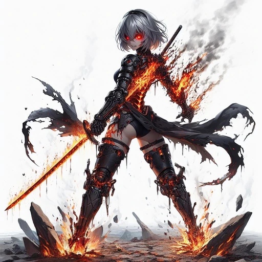 (masterpiece), (Perfect athletic body:1.2), whole body, Anime Style, Cyberpunk Undead Girl, Glowing red eyes, Grey Hair, Blackened arm guard, Molten iron flows like blood, Holding a sword, Fiery fist, Wearing boots, White Background, whole body, Stand on rough terrain, Victory smile
