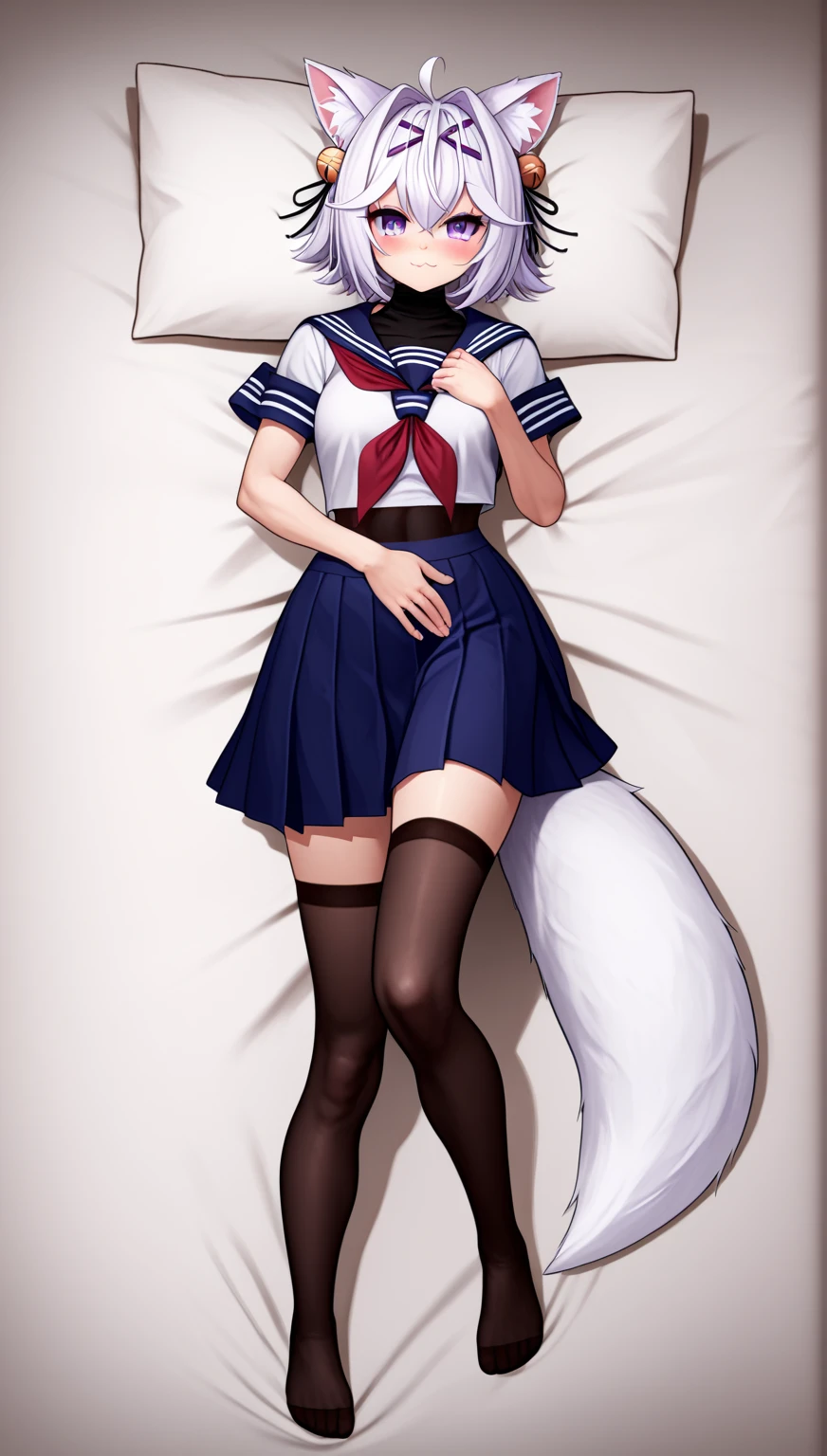 dakimakura, UHD, masterpiece, best quality, extremely detailed, anatomically correct, sharp focus, midnight, frontal light, full body light, soft light, diffuse light, shade, no shadow, messy bed, lying on bed, 1girl, solo, Filian, ((fox tail)), cat ears, (white hair), short hair, ahoge, hairclip, hair bell, big round eyes, deep purple eyes, ((dark purple eyes)), blush, closed mouth, smile, (detailed mouth),small breast, serafuku, red neckerchief, swimsuit under clothes, covered navel, blue skirt, black stockings, thick arms, thick waist, slim legs, Eye-Level Shot, full body pose, innocent pose, front view,