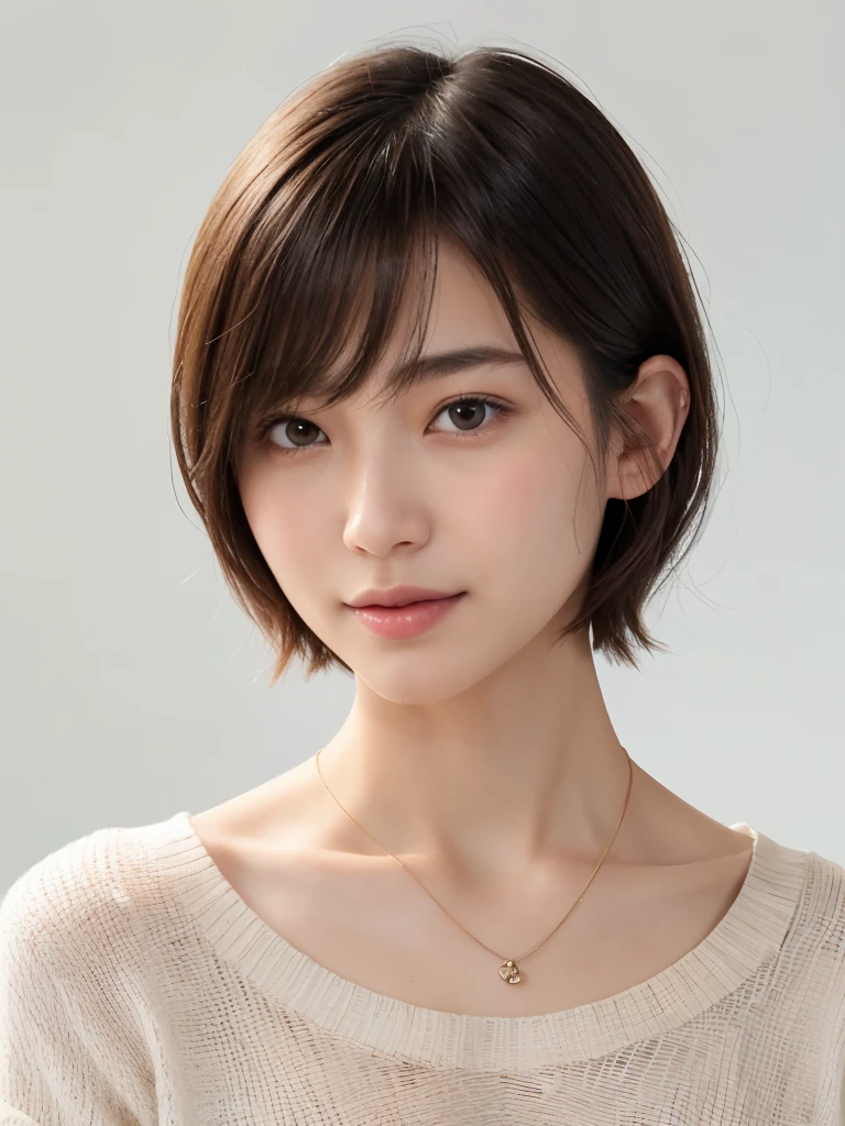 ultra high res, RAW photo, cute japanese women photos, long sleeve dress, very short bobbed hair, Upper half of weist, surface focus, pensive, light smile,light blush, extra large size_sweater, necklace, simple background, looking at the viewer, mix 4, (realistic Photoreal:1.37), 1 girl, cute, natural lighting, photon mapping, Physically based rendering, shortcut, short hair, Handsome, girly, (clean face), (Detailed facial description), (detailed description of handasseter muscle part), (Detailed CG), Rich details, (exquisite features), (detailed eye), looking forward to your eyes, delicate clavicle, Versatile poses, profile, white wall, Spring clothes, Simple necklace, Don&#3, (photorealistic:1.4), From above, best quality, masterpiece