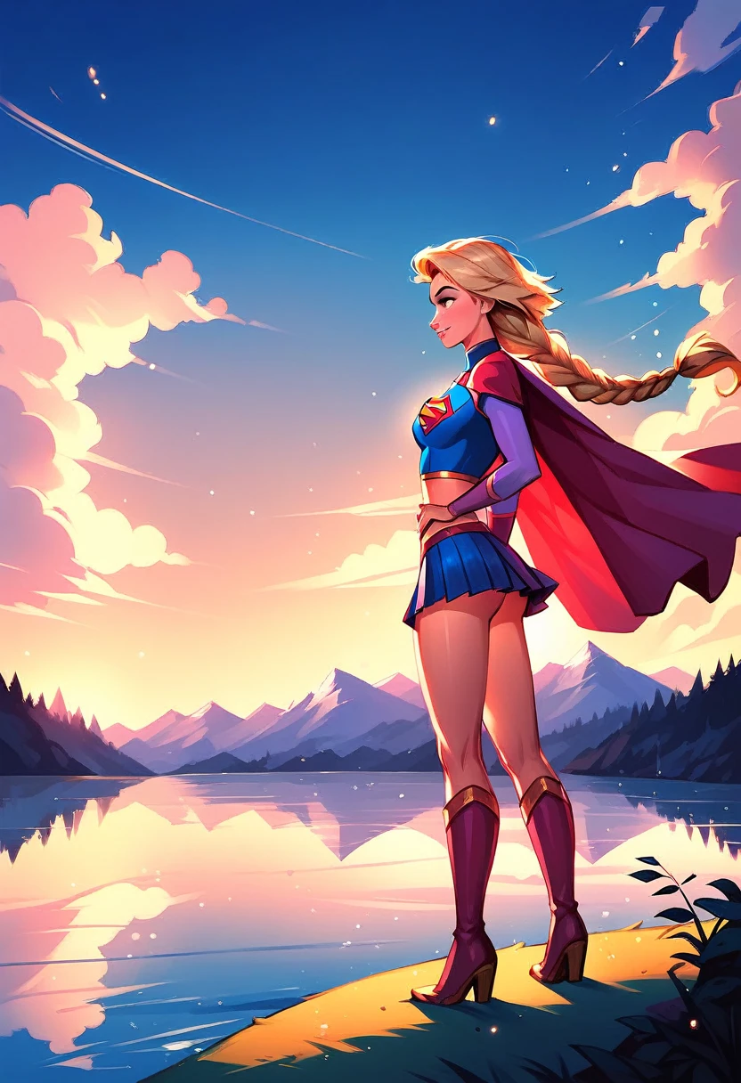 score_9, score_8_up, score_7_up, score_6_up, score_5_up, score_4_up, 1girl, rapunzel (blonde hair, long braid:1.4), wearing (Supergirl suit, short skirt, short cape, boots:1.2), cinematic lighting, floating above picturesque lake, water ripples, background of beautiful mountains, sunset.