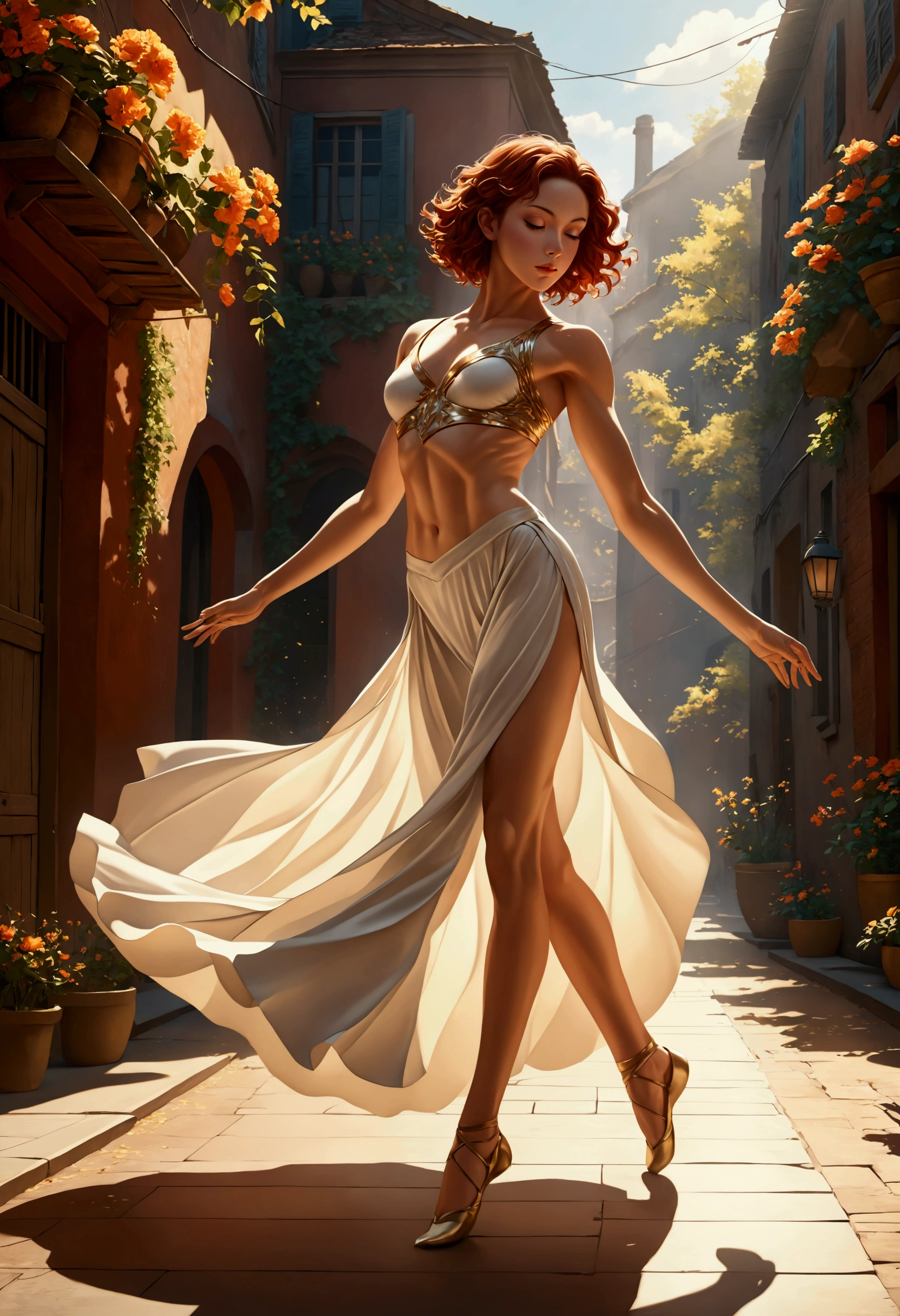 ((Inspired by André Masson))，Sunlight, (1 Dancer:1.3)，Delicate skin, Charming pose, (Chiseled abdominal muscles: 1.1), (Perfect body: 1.1), (Short Wavy Hair: 1.2), Auburn hair, Floating clothes, full-body shot, street, (Extremely detailed CG 8k wallpaper), (Extremely refined), (masterpiece), (best quality: 1.0), Realistic shadows, [high resolution], 