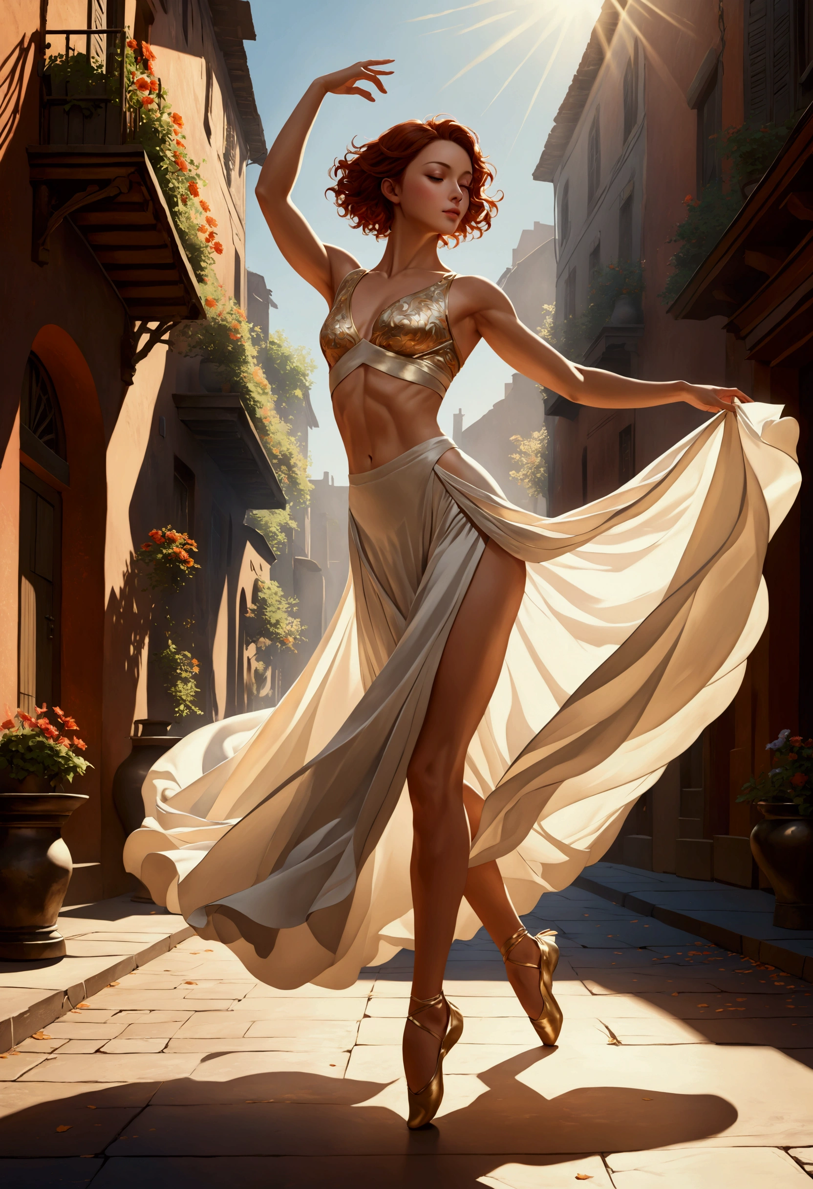 ((Inspired by André Masson))，Sunlight, (1 Dancer:1.3)，Delicate skin, Charming pose, (Chiseled abdominal muscles: 1.1), (Perfect body: 1.1), (Short Wavy Hair: 1.2), Auburn hair, Floating clothes, full-body shot, street, (Extremely detailed CG 8k wallpaper), (Extremely refined), (masterpiece), (best quality: 1.0), Realistic shadows, [high resolution], 