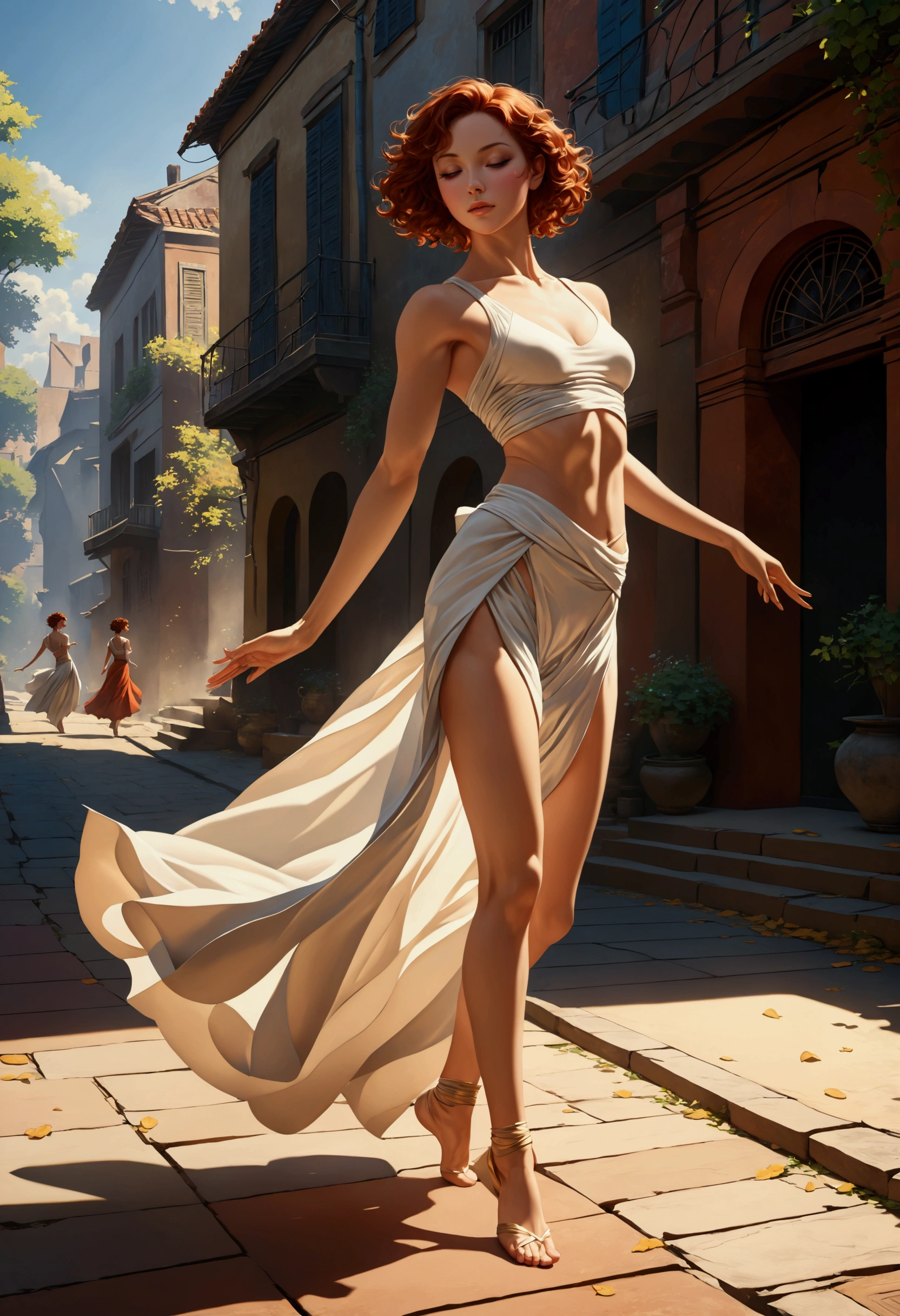 ((Inspired by André Masson))，Sunlight, (1 Dancer:1.3)，Delicate skin, Charming pose, (Chiseled abdominal muscles: 1.1), (Perfect body: 1.1), (Short Wavy Hair: 1.2), Auburn hair, Floating clothes, full-body shot, street, (Extremely detailed CG 8k wallpaper), (Extremely refined), (masterpiece), (best quality: 1.0), Realistic shadows, [high resolution], 