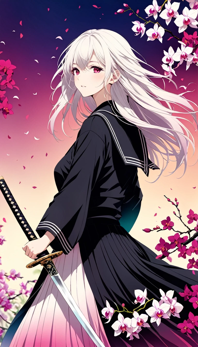 Benedict Barna (Benedict Barna) style,, 1 girl, Black sailor suit pleated skirt, (Blurred foreground), orchid, Long white hair fluttering in the wind, (((Background blur))), Red sphere background, Everlasting, Japanese sword, Holding a Japanese sword, （Eyes covered by orchids）,Colorful, (Diffuse gradient color:1.5), Hold the hilt and scabbard with both hands, illustration