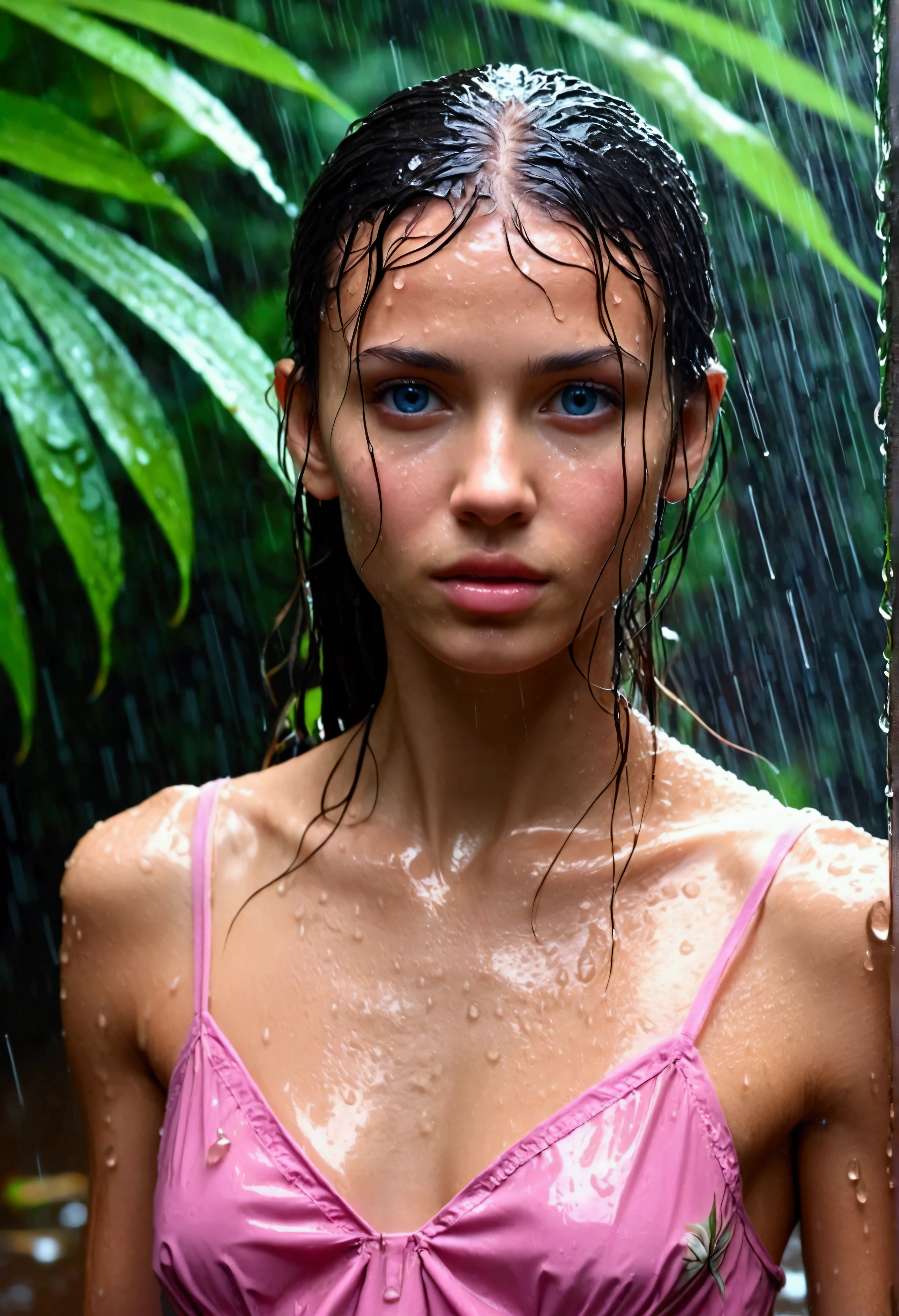 Portrait of young cute gorgeous slim tiny girl walking in a jungle with heavy rain, closeup of face and shoulders, background slightly blurry, long soaked wet hair, drops of water on long wet hair, Mix of Swedish and Venezuelan origins, athletic well toned slim and muscular body, gorgeous face, super detailed wet face, water drops on face, extremely detailed clear blue eyes, slim seductive lips, unique detailed face, detailed face, slim sweating model body, very slim sweaty model, strong facial bones, unique gorgeous face, detailed facial pores, thin girl muscular very little body fat, facing camera, wearing cute short soaked dress, pink detailed flowers on dress, very detailed dress, dress hugging girls wet body, wet cotton dress, very heavy rain falling, very humid and warm, rain drops falling