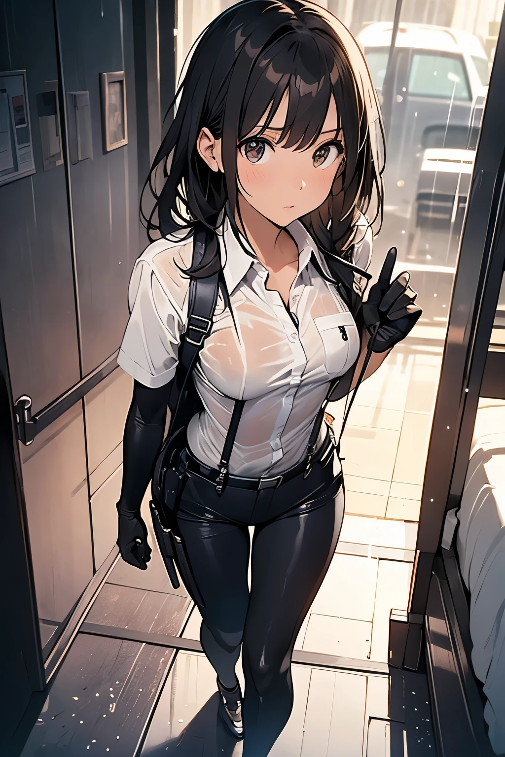 1 female, , high quality, masterpiece, Ultra-high resolution, , Cinema Lighting, , , And the suspenders with the cranes flying Large Breasts Small face holster Lying in bed Looking up Sweat belt summer 脇Sweat Black Hole Gloves suit shirt Black jacket Black trousers Leg Links ズボンにbelt holster Hands behind your back Anxious expression Looking up Anxious face, legs apart Armament Cable ties レッグholster holster See-through clothing heavy rain Getting wet in the rain