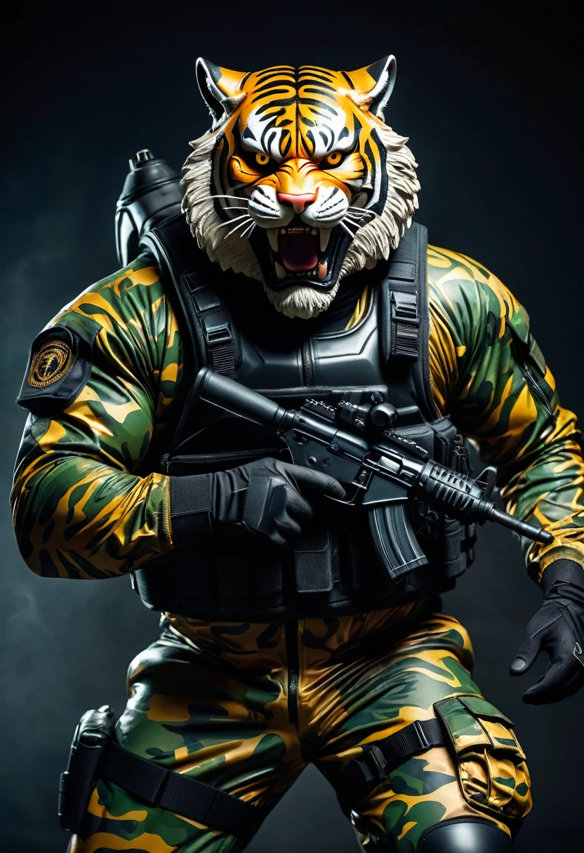 (a dark-skinned bearded fat muscular old man in a bulky army camouflage zipper diver suit) holding a gun, (wearing a small-sized realistic roaring tiger mask), dynamic action pose, fierce expression, showcasing an imposing stature, surrounded by military elements, dramatic shadows and intense highlights, cinematic color tones, high detail, powerful, art influenced by Bruce Onobrakpeya and Stanley Artgerm, ultra-detailed, best quality image, action-packed atmosphere.
