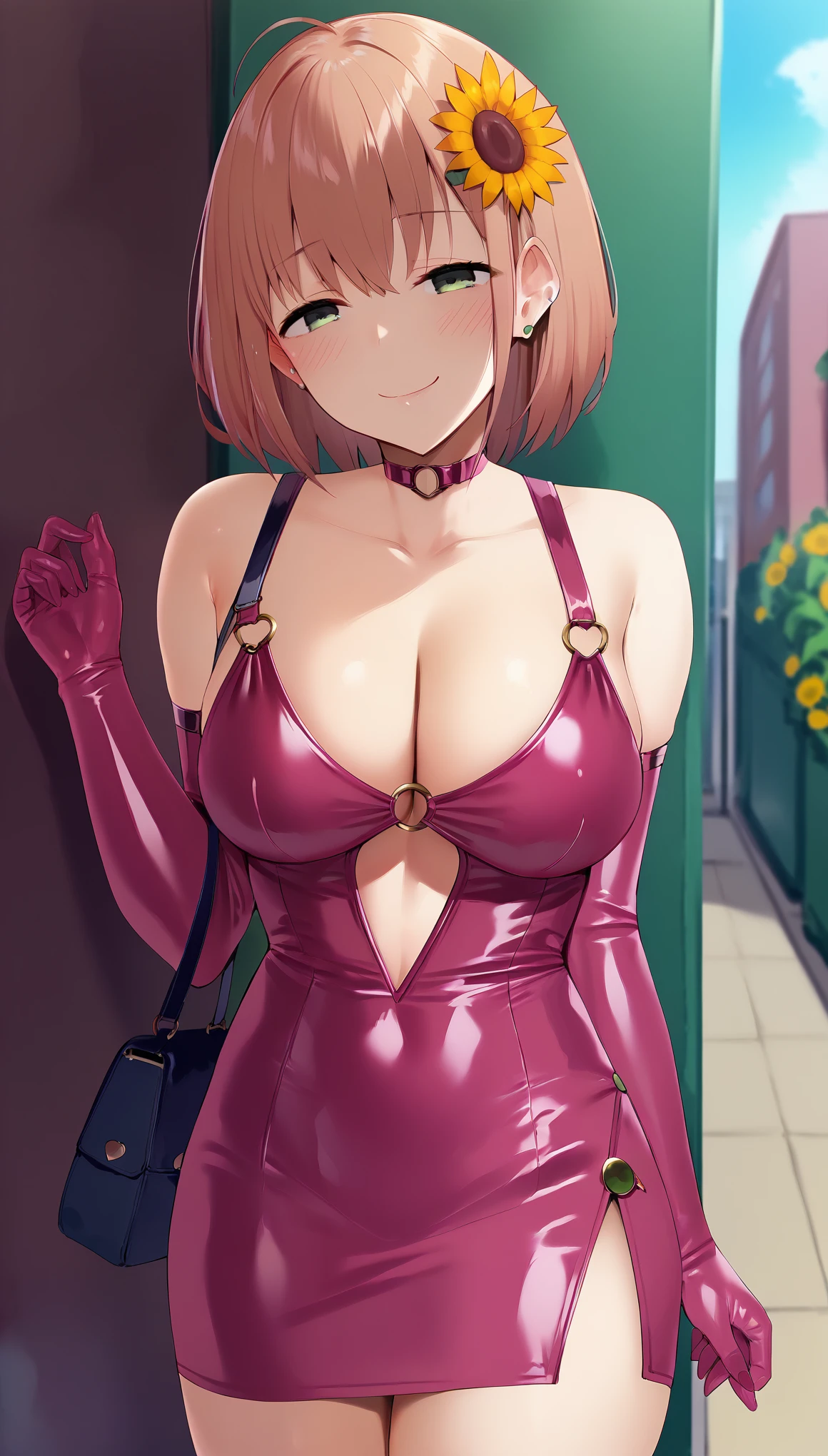 1girl, blush, solo, (hh1), sunflower hair ornament, handbag, looking at viewer, outdoors, smirk, pink microdress, bodycon, o-rings, miniskirt, waist cutout, bangs, day, collarbone, earclip, bare shoulders, elbow gloves, cleavage, latex