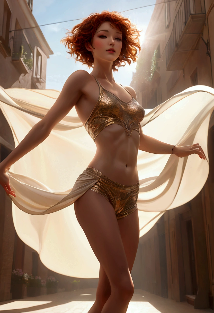 ((Inspired by André Masson))，Sunlight, (1 Dancer:1.3)，Delicate skin, Charming pose, (Chiseled abdominal muscles: 1.1), (Perfect body: 1.1), (Short Wavy Hair: 1.2), Auburn hair, Floating clothes, full-body shot, street, (Extremely detailed CG 8k wallpaper), (Extremely refined), (masterpiece), (best quality: 1.0), Realistic shadows, [high resolution], 