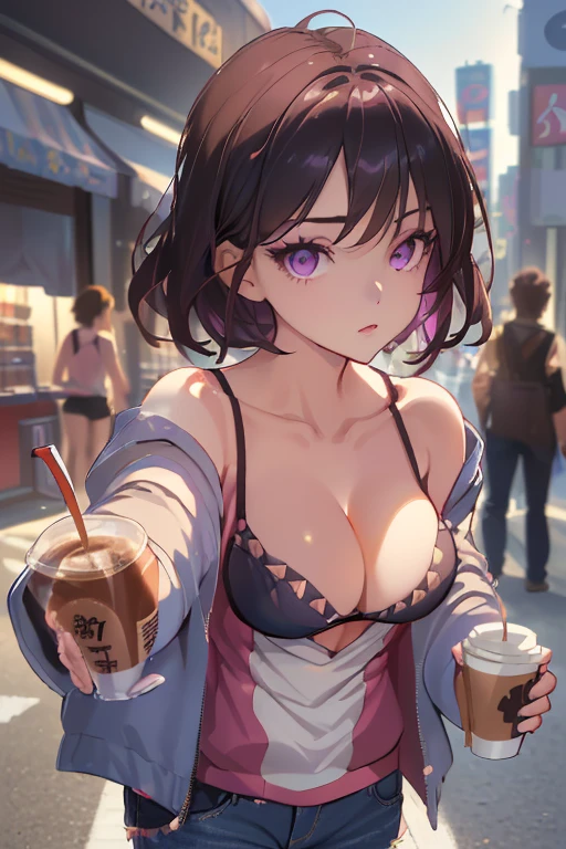 (masterpiece, Best Quality, ultra-detailed, high resolution, extremely detailed CG, official art, Professional Lighting, Perfect Anatomy, anime colors), (from below), looking at viewer, cowboy shot, perfect body, 24yo beautiful 1girl, medium hips, glamorous body,a small face,beautiful-makeup,Makeup light,Shortcut Hair,dark brown hair、Bust b Cup, Amazing Cleavage, thin waist, big ass, Raised sexy, big breast: 1.2 posed cleavage:1.2, (off shoulders,Sportsbra,legginullnude), micro denim shorts, bare legs, nail_polish, pale skin, Waiting friend, (morning:1.5), tokyo, (convenience store:1.3), outdoor, (depth of field:1.3), contrapposto, (Hold a coffee in your hand:1.3),delicate beautiful face, Bright magenta eyes, cute eyes, sparkling eyes, Big eyes, (big breasts:1.3), (perky chest:1.1), (pointed chest:1.3), looking at viewer,