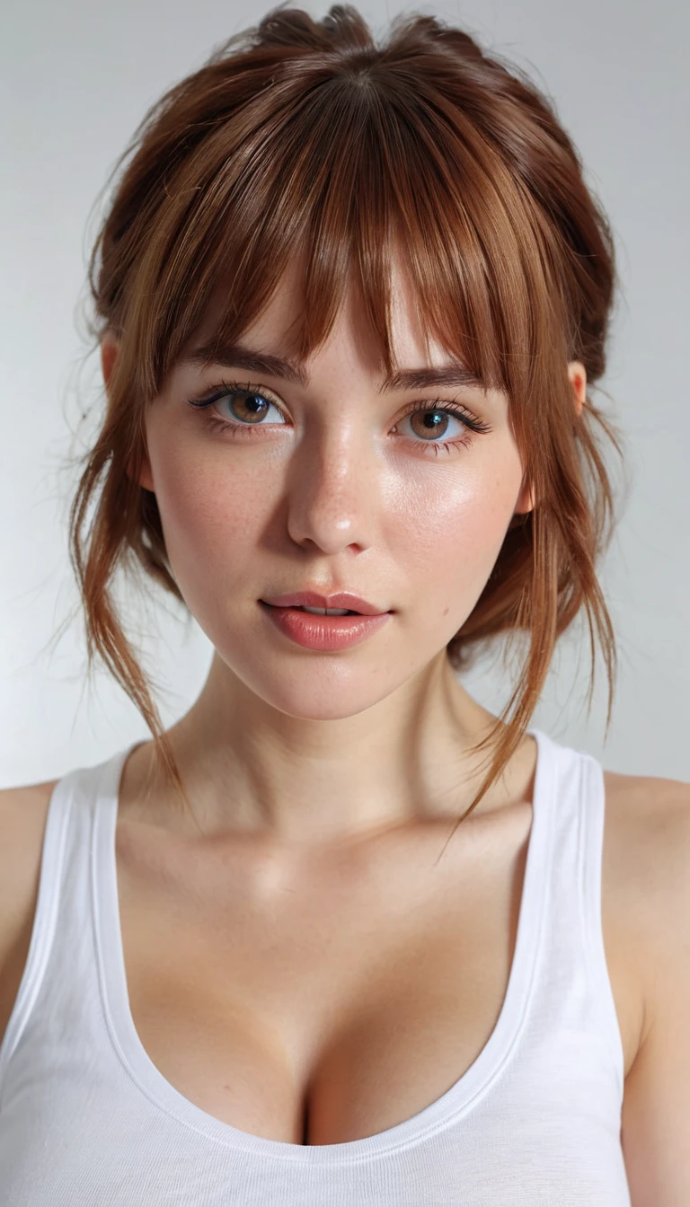 Maximum quality, photorrealistic, 8k, High definition, 1 girl, Woman, (cutaneous dentition), (portraite: 0.6), marvelous, (White background: 1.82)), ((Large round breasts, sleeveless white tshirt: 1.75)), Direct Viewer: 1.8, (1 girl Eyes, Medium length hair, chestnut hair, parted bangs : 1.65), photorrealistic, (bokeh), (cloused mouth: 1.46), marvelous, pureerosface_v1,