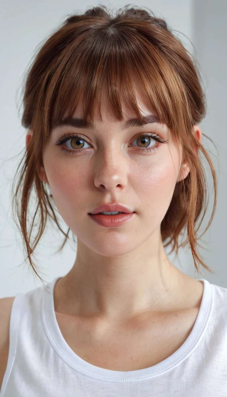 Maximum quality, photorrealistic, 8k, High definition, 1 girl, Woman, (cutaneous dentition), (portraite: 0.6), marvelous, (White background: 1.82)), ((Large round breasts, sleeveless white tshirt: 1.75)), Direct Viewer: 1.8, (1 girl Eyes, Medium length hair, chestnut hair, parted bangs : 1.65), photorrealistic, (bokeh), (cloused mouth: 1.46), marvelous, pureerosface_v1,