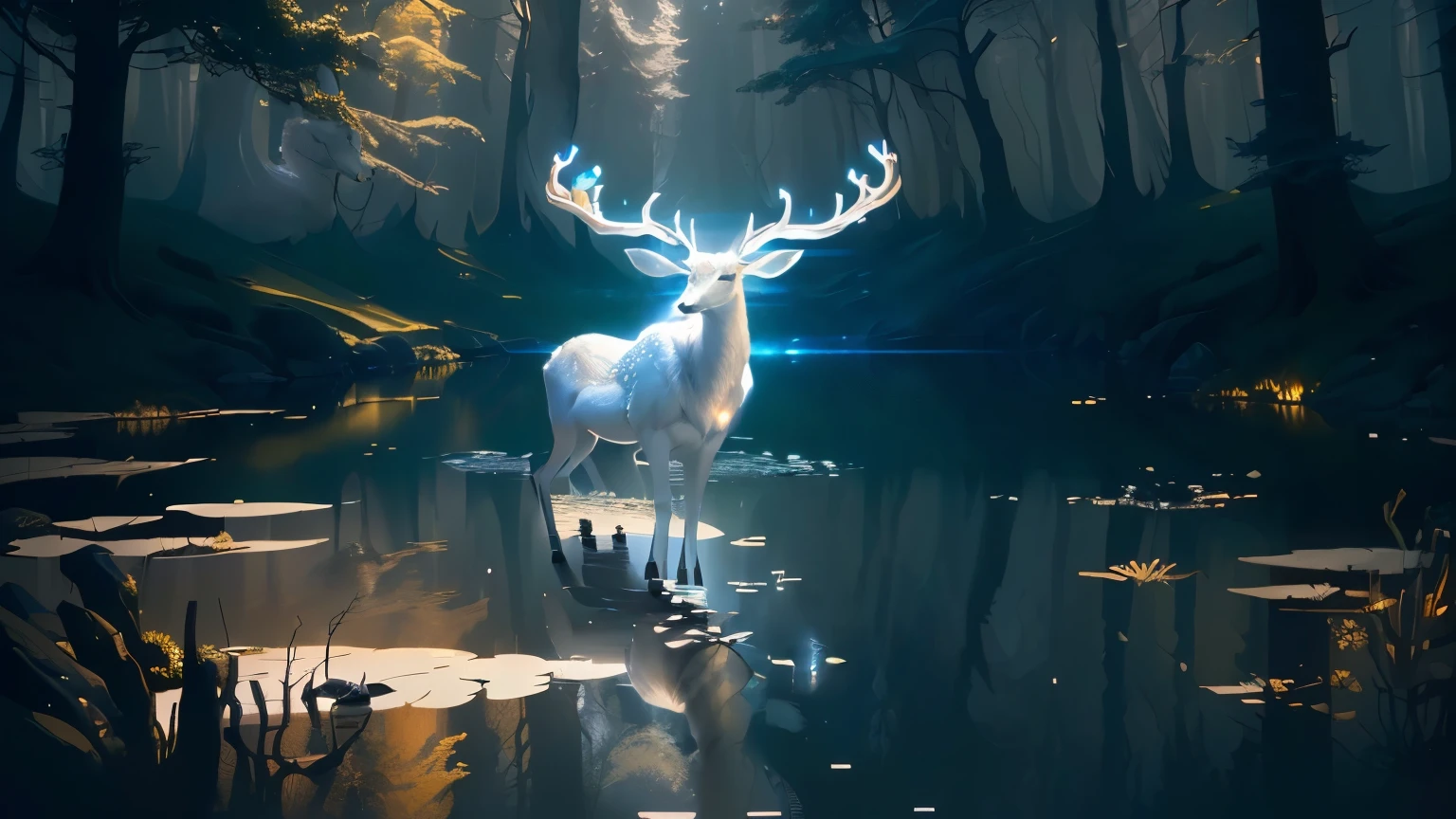 a white deer like elf, body glowing, masterpiece, best quality, (extremely detailed CG unity 8k wallpaper), (best quality), (best illustration), (best shadow), absurdres, realistic lighting, (Abyss), beautiful detailed glow, art by PeterMohrBacher,
