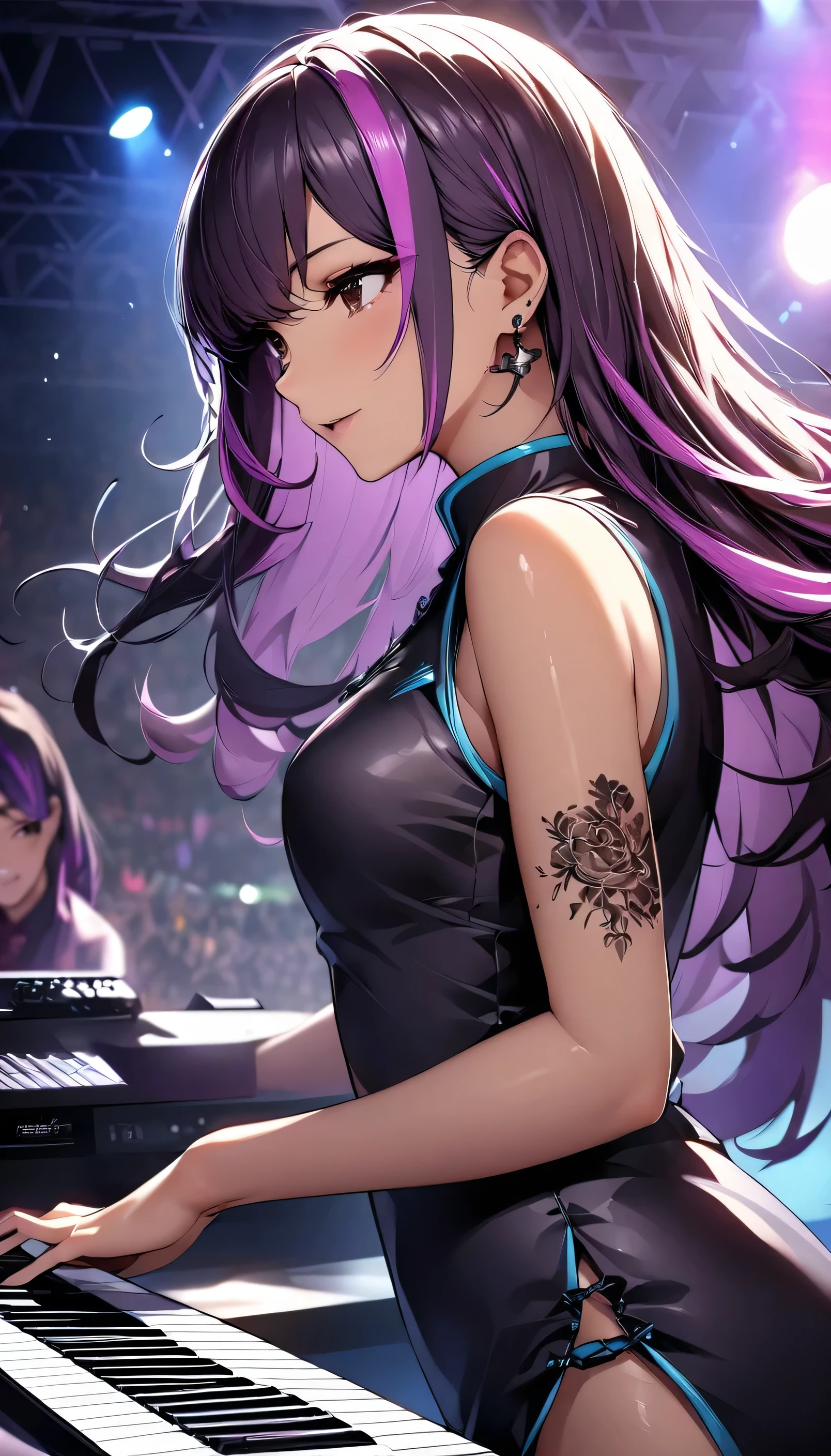 (highest quality:1.2, Very detailed, up to date, Vibrant, Ultra-high resolution, High Contrast, masterpiece:1.2, highest quality, Best aesthetics), Portraiture、girl、keyboard player、stage、performance、Rock Music、Bright colors、Beautiful fine details、Beautiful lip detail、long hair、black and purple ((streaked hair:1.6)), highlights hair: 1.5, brown eyes, slim body, (small breast:0.7), Music band、standing in keyboards booth, playing keyboards、(raise left hand high:1.5), Concert Light、Edgy Style、(colorful Cheongsam:1.2), (no sleeve:1), Dynamic Movement、hypnotic sounds、Stadium、amplifier、Loud music、(playing keyboards:1.6), (Floral Fineline tattoo design on left arm:1), Passionate performance、Sparkling stage、Concert atmosphere、Music Festival、Full of emotion、Rock star attitude、Resolute expression、Avid Fan、The presence of an attractive stage、 Expressive gestures、Rock star aura、An exciting atmosphere、An unforgettable show, closs earing, (upper body:1.2)
