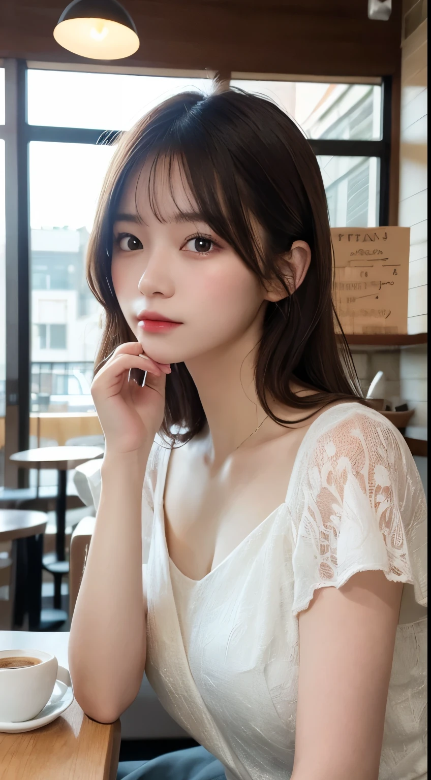 masutepiece, Best Quality, Illustration, Ultra-detailed, finely detail, hight resolution, 8K Wallpaper, Perfect dynamic composition, Beautiful detailed eyes, summer  dress,Medium Hair, mid-chest, Sitting in a coffee shop、Pensive