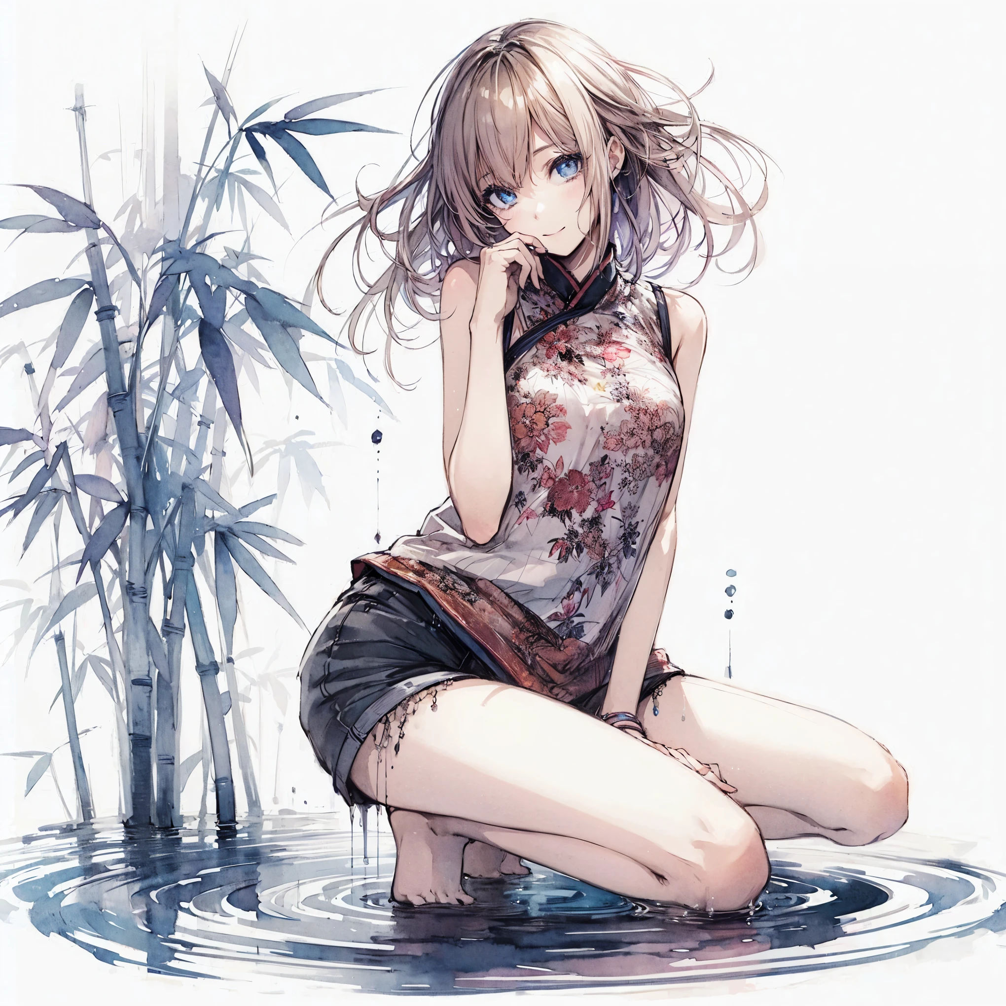Official art using high-quality hand-drawn watercolor sketch techniques. (best quality,4k,8k,highres,masterpiece:1.2),ultra-detailed,beautiful detailed eyes,A girl with beautiful eyes, everyone, beautiful anime girl, cute anime girl, smooth anime art, anime style, elegant colors, soft lighting, delicate beautiful eyes, very coquettish, (beautiful large breast:1.2), (correct hands:1.2),smiling warmly