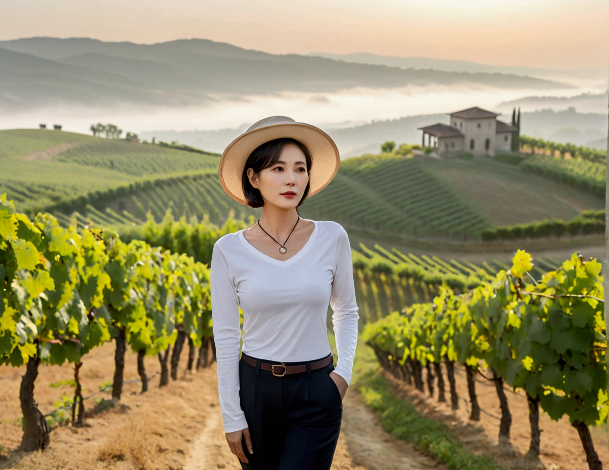 Italy foggy countryside dawn, Endless vineyards, A cathedral can be seen far away in the fog.. Korean woman in her 40s, Wearing a luxury brand white long-sleeved T-shirt, casual pants, Korean woman with beautiful short medium bob hair, Standing on a path on top of a vineyard hill, Beautiful Korean woman with bright and clear skin, The neckline is clean and beautiful.. Korean woman with a graceful and humble expression,Wearing a fancy hat with a round rim, standing in the vineyard , Cowboy Shot Pose, small black string necklace, 1 woman