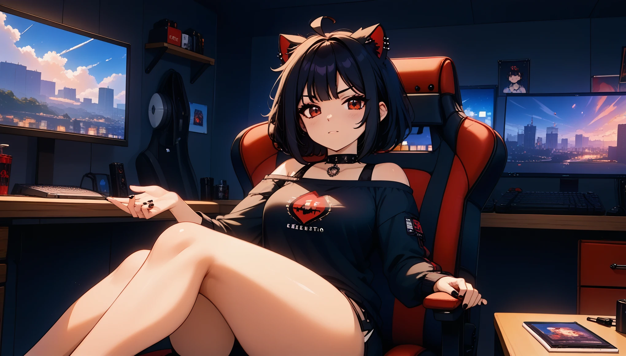 ((junkotvvxl, cabello negro, ojos rojos, orejas de gato, Adult, Female, Black hair, red eyes)), goth girl, gothic aesthetic, goth clothing, goth make up, thick thighs, medium chest, annoyed, disgruntled, sitting in gaming chair, gt racing chair, bedroom, gothic bedroom, aesthetic bedroom, Masterpiece, Accurate, Anatomically Correct, Best Quality, High Details, Detail, Super Detailed, Best detail, Perfect detail, Amazing detail, [-3, 3], perfect hands, best hands, best fingers, perfect fingers, perfect body, best body, amazing body, Looking at viewer, front facing, upper body shot, orejas de gato,(((neko ears))), (chica neko), cute neko ears, messy hair,(flequillo), (coletas), (cabello largo),(((orejas de gato)))