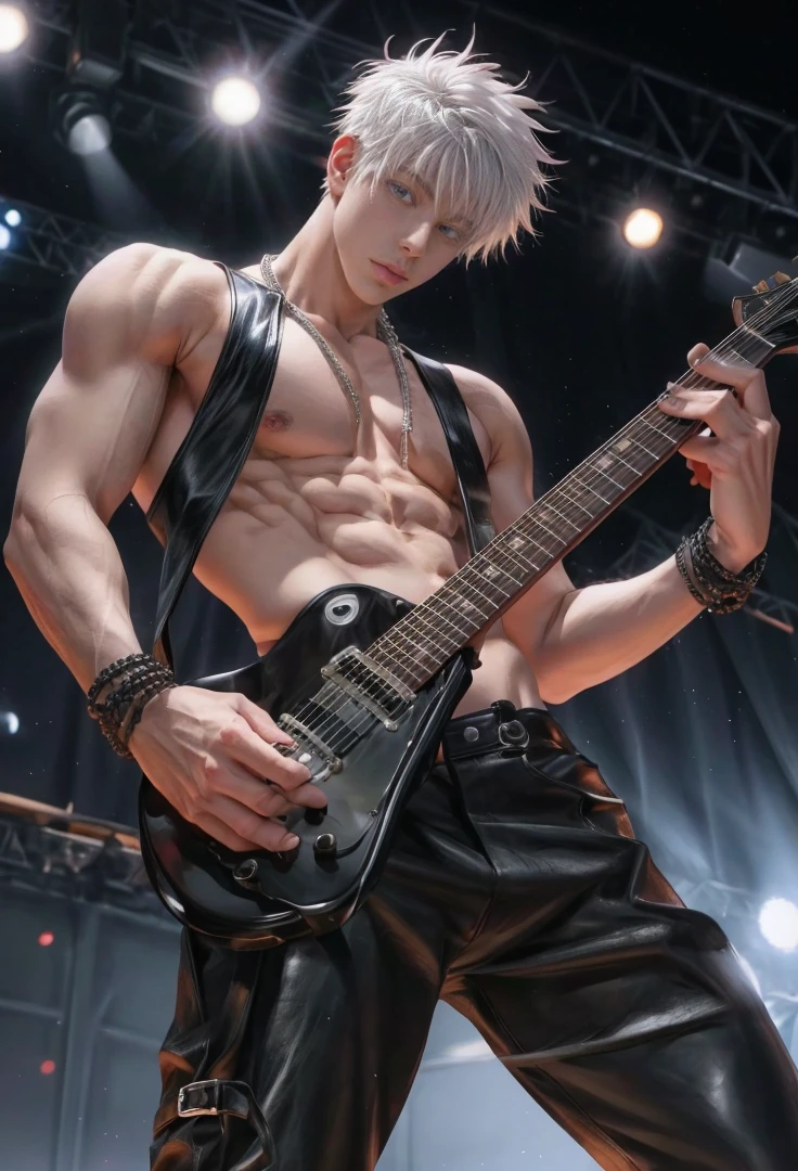 1 male, high resolution 8k, adult, handsome, perfect face detail, detailed eyes and face, clean shaved, sixpack realistic, white eyebrow hair, white eyelashes, dynamic lighting, unreal engine, hd picture, satoru gojo, Jujutsu kaisen, white hair, short hair ,hair between eyes ,blue eyes, white skin, chain necklace, Bring a guitar, band stage background, Leather pants