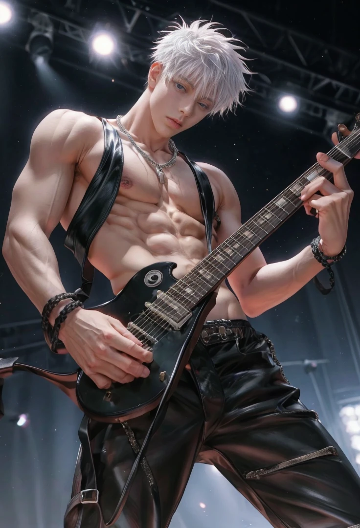 1 male, high resolution 8k, , handsome, perfect face detail, detailed eyes and face, clean shaved, sixpack realistic, white eyebrow hair, white eyelashes, dynamic lighting, unreal engine, hd picture, satoru gojo, Jujutsu kaisen, white hair, short hair ,hair betweeyes ,blue eyes, white skin, chain necklace, Bring a guitar, band stage background, Leather pants