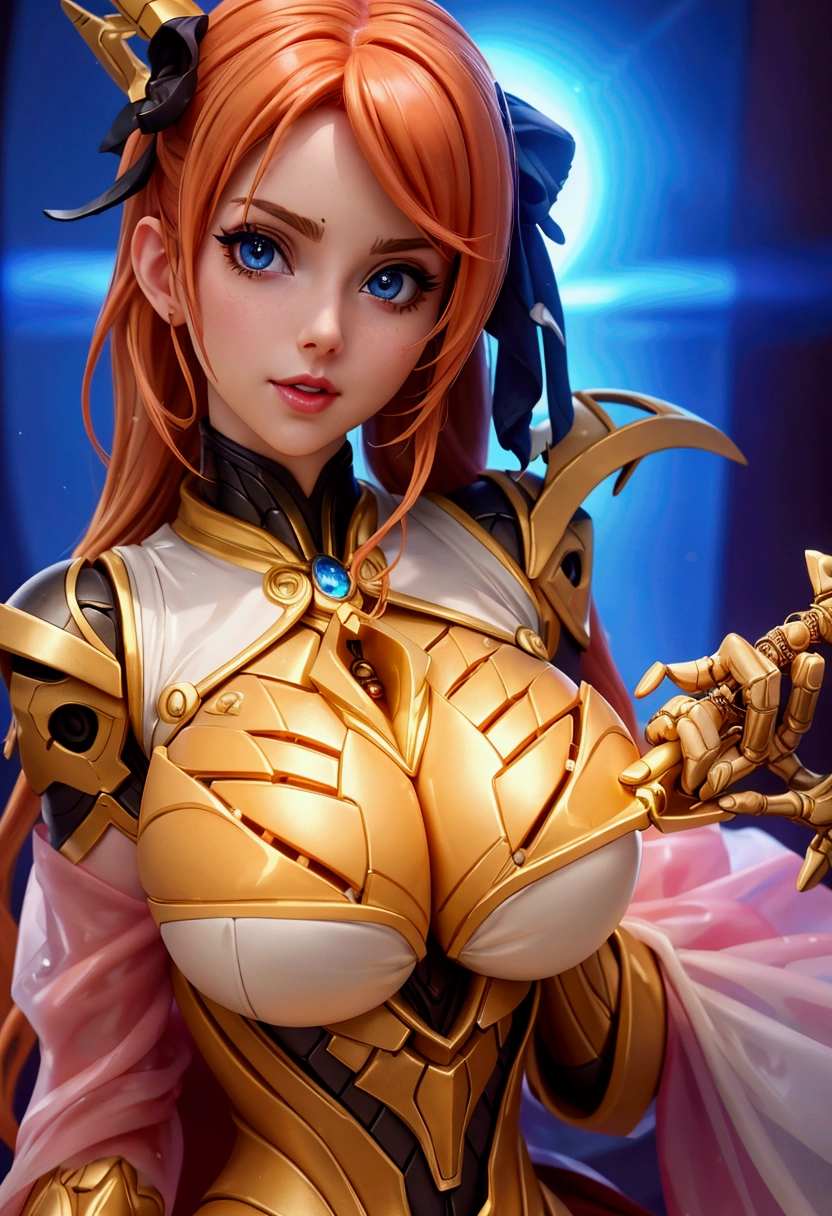 Close-up portrait of a woman in costume holding a knife, Highly detailed goddess shot, Biomechanical , Amouranth, Close-up bust shot, better known as Amouranth, 8K Art Germany Bokeh, Bust, Bust Shots in the Movie, A close-up fantasy using the magic of water, Extremely high detail!!, Soryu Asuka Langley, Gorgeous cosplay