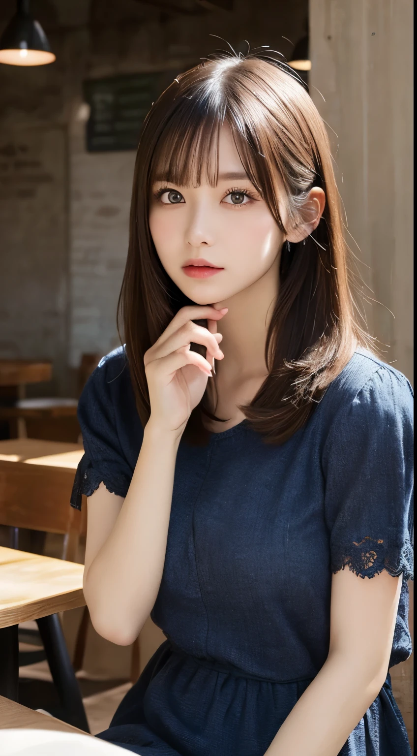 masutepiece, Best Quality, Illustration, Ultra-detailed, finely detail, hight resolution, 8K Wallpaper, Perfect dynamic composition, Beautiful detailed eyes, summer  dress,Medium Hair, mid-chest, Sitting in a coffee shop、Pensive