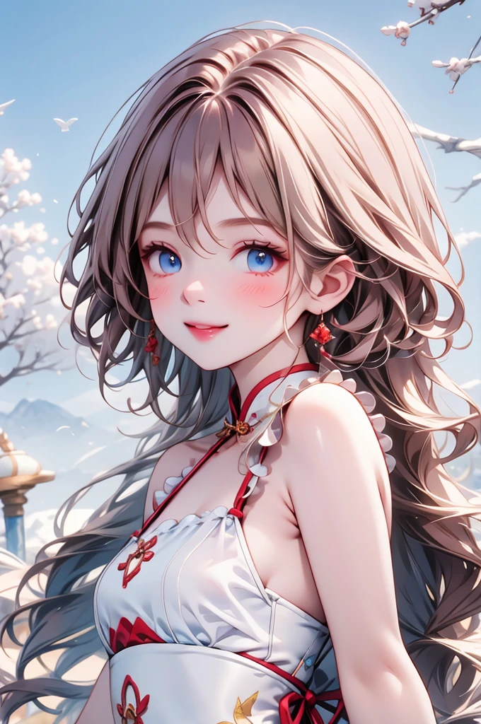 high resolution,smile,woman,woman1人,adult,cute, Medium Hair,wavy hair, Brown Hair,Light blue eyes, Red sleeveless cheongsam,whole body,Facing forward, BREAK Background white,