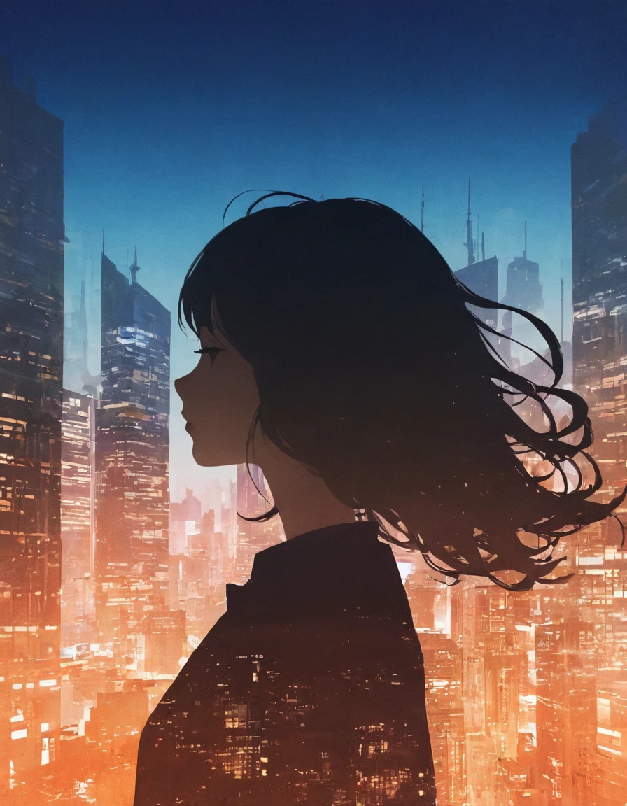 Silhouette of a girl, City、大City、close, Double Exposure, The background is a gradation、