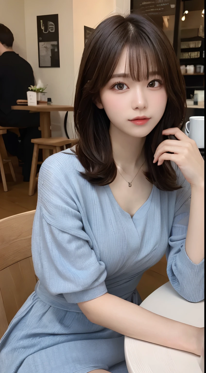 masutepiece, Best Quality, Illustration, Ultra-detailed, finely detail, hight resolution, 8K Wallpaper, Perfect dynamic composition, Beautiful detailed eyes, summer  dress,Medium Hair, mid-chest, Sitting in a coffee shop、Pensive