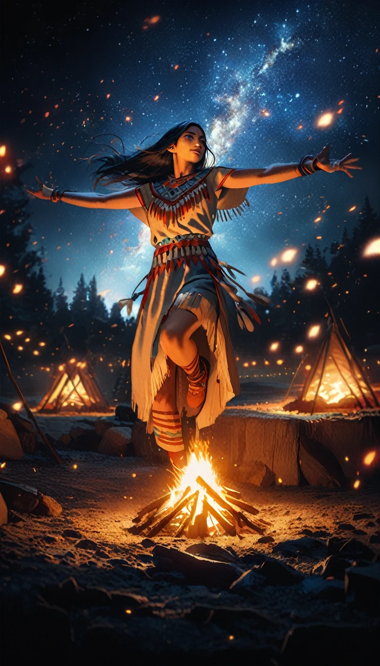 A young native American woman, full body shot, dancing around a large fire camp in the middle of the night, fast and energetic dance, arms spread out to the sides, head tilted back, swing one leg in the air, digital painting, detailed face, beautiful eyes, detailed facial features, intricate jewelry, traditional native American clothing, detailed tattoos, warm campfire lighting, glowing embers, starry night sky, volumetric lighting, cinematic composition, photorealistic, sharp focus, 8k, hyper detailed, masterpiece