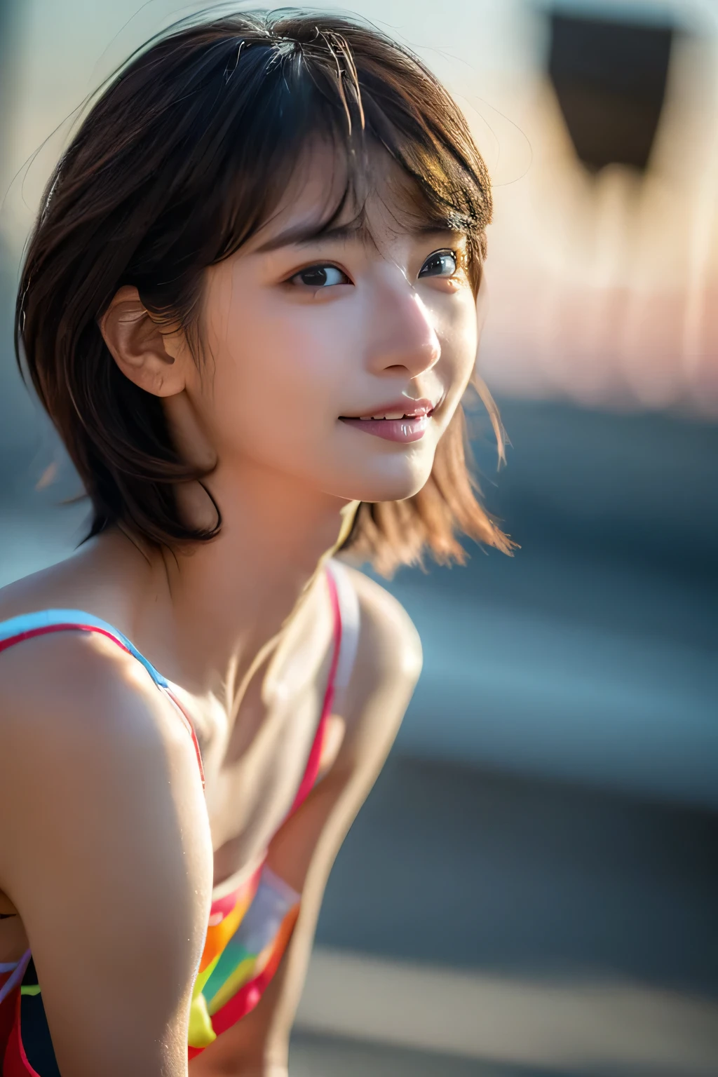 (Hyper Reality: 1.35), (Realistic: 1.4), A beautiful Japanese woman, smile, alone. (((No makeup))), masterpiece, 最high quality, high quality, alone, Very good, puberty, Only one girl, Well-trained slim body, muscular, slim body,  apart, (最high quality)),((Very delicate and beautiful)),((Very shallow depth of field)), ((Incredibly shallow depth of field)). family friendly, ((Very delicate and beautiful)), (((Very shallow depth of field))), (((Unbelievably absurd))), dark brown hair, blowing boyish bob hair, shag messy hair, wolf cut, big hair, windで揺れる髪, Slim body type, ((( Camera Eye)))), (((small ))), Looks like a salon model, Cool face, Neutral facial features,(ecstasy:1.3) ,(slut:1.2),(vulgarity:1.3),(:1.1),(steam:1.1),(Wet:0.8),(trembling:0.8),(tears:0.7) ,(drooling:0.6),(sweat:0.8),open mouth,  poor, my + background, Dynamic Angle, Focus on women, {Particles of light}, Detailed background, Soft lighting, (dramatic), sunset, very beautiful sunset, Live Action, Realistic, (blurred background), (((11 years old))), (((wind))), ((Movement)), ((emotion)), ((colorful)), ((Baby Face)), Wither, sea background, high neck, Sleeveless, turtleneck, (((whole body))), (((knees))), walking, Compression Shirt,