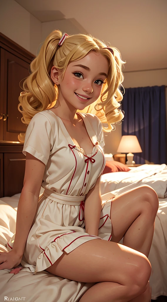 (masterpiece, best quality),1girl smiling with Blonde curly hair twin tails sitting in a bed of her bedroom in front of her bedroom, warm lighting, blurry foreground,  dress, 18 yo, very small breasts, 